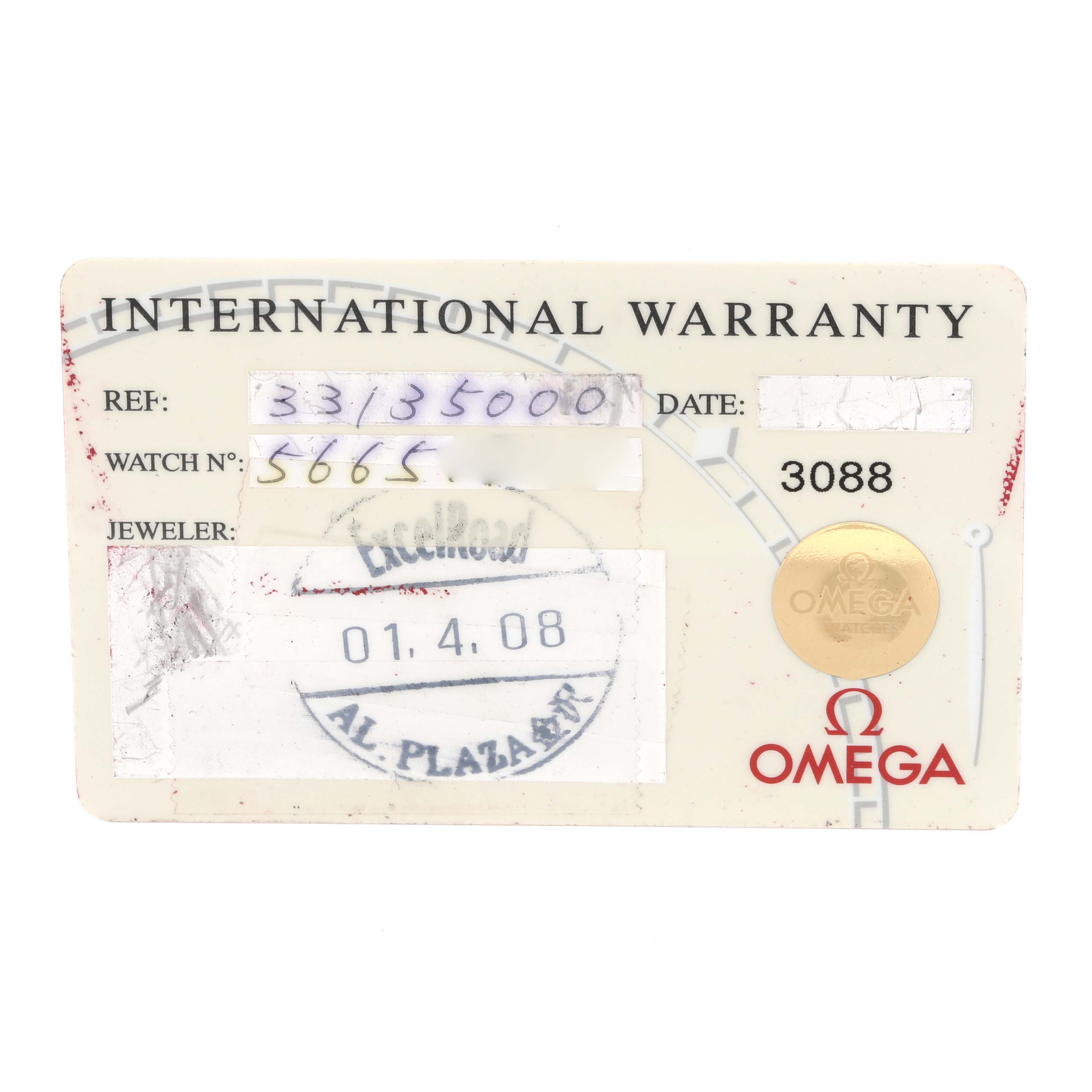 This image shows an Omega Speedmaster 3313.50.00 Men's Steel and Gold (two tone) Black Dial 3313.50.00 Men's Steel and Gold (two tone) Black Dial International Warranty card with details like reference number, watch number, and date.