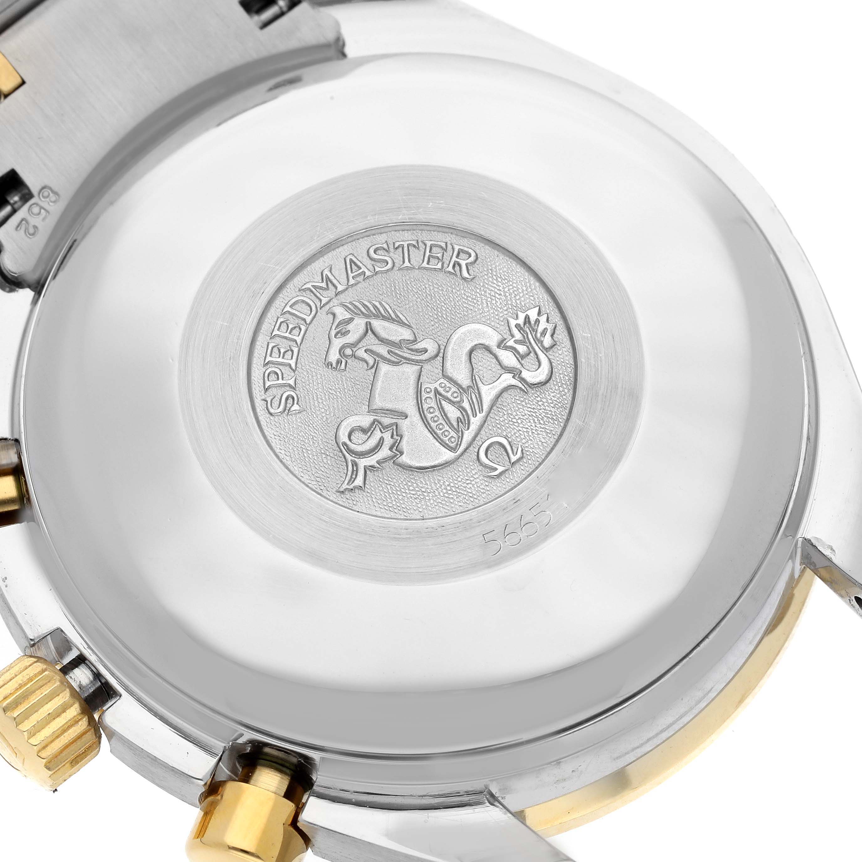 The image displays the case back of an Omega Speedmaster 3313.50.00 Men's Steel and Gold (two tone) Black Dial 3313.50.00 Men's Steel and Gold (two tone) Black Dial watch, showcasing its engraved logo and design.