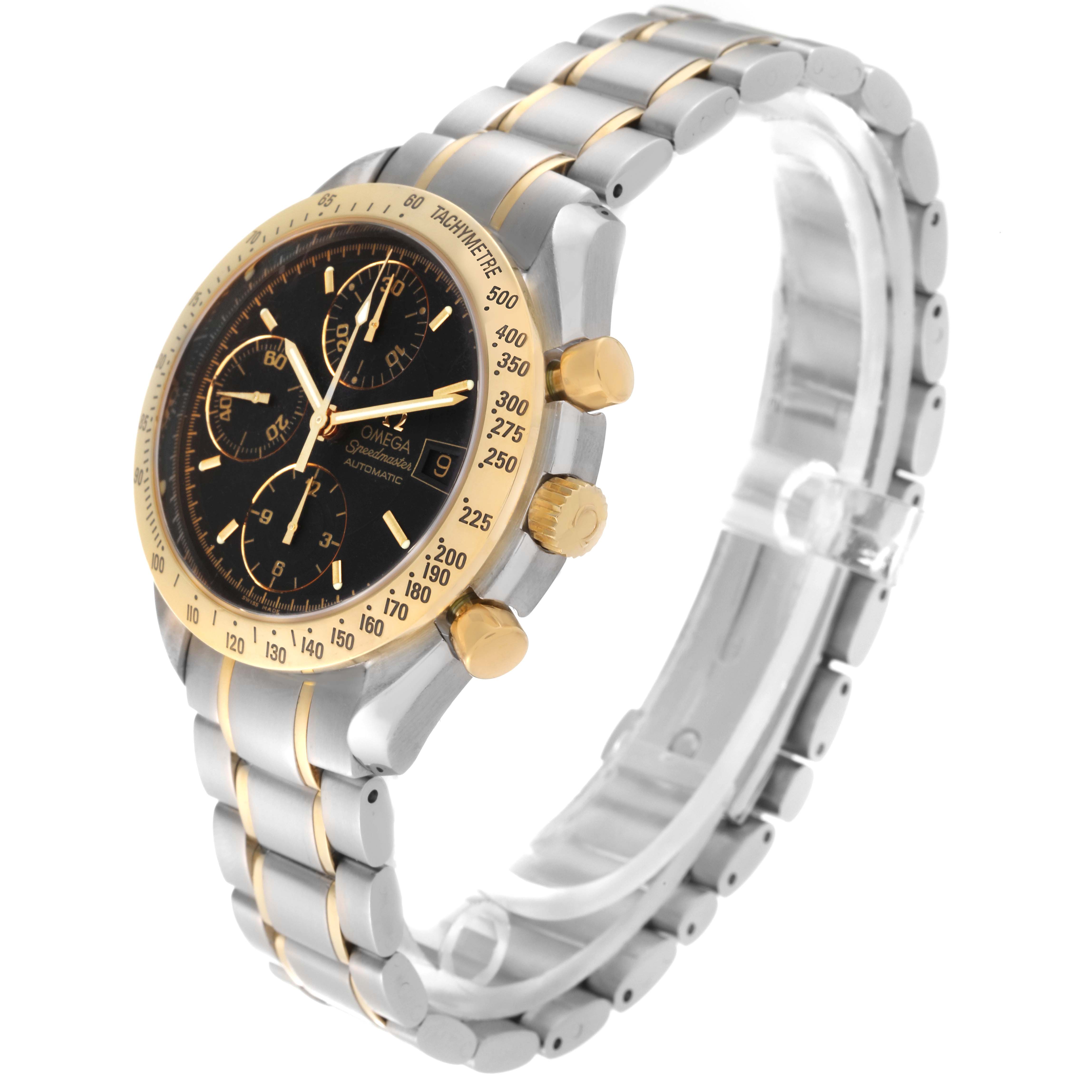 The image shows an angled view of an Omega Speedmaster 3313.50.00 Men's Steel and Gold (two tone) Black Dial 3313.50.00 Men's Steel and Gold (two tone) Black Dial watch, highlighting the face, bezel, pushers, and part of the bracelet.