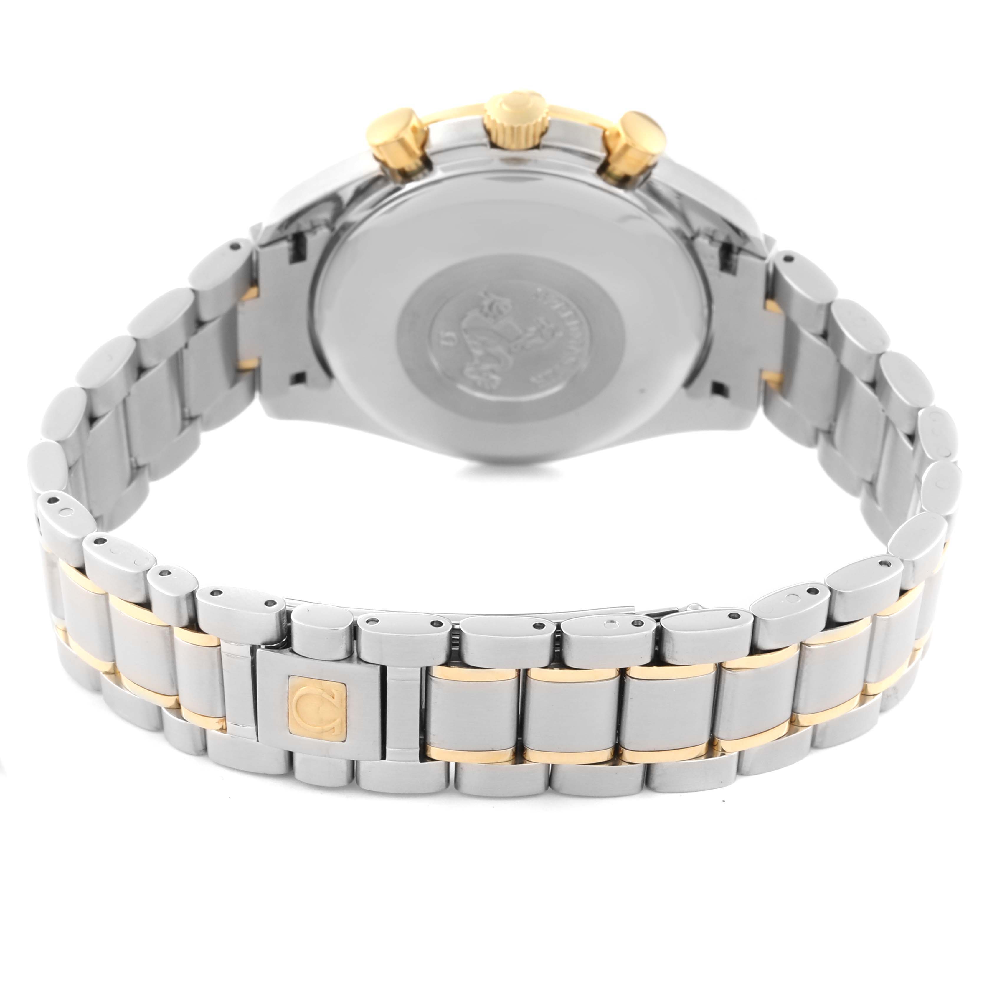 The image shows the back view of an Omega Speedmaster 3313.50.00 Men's Steel and Gold (two tone) Black Dial 3313.50.00 Men's Steel and Gold (two tone) Black Dial watch, revealing its bracelet, clasp, and case back.