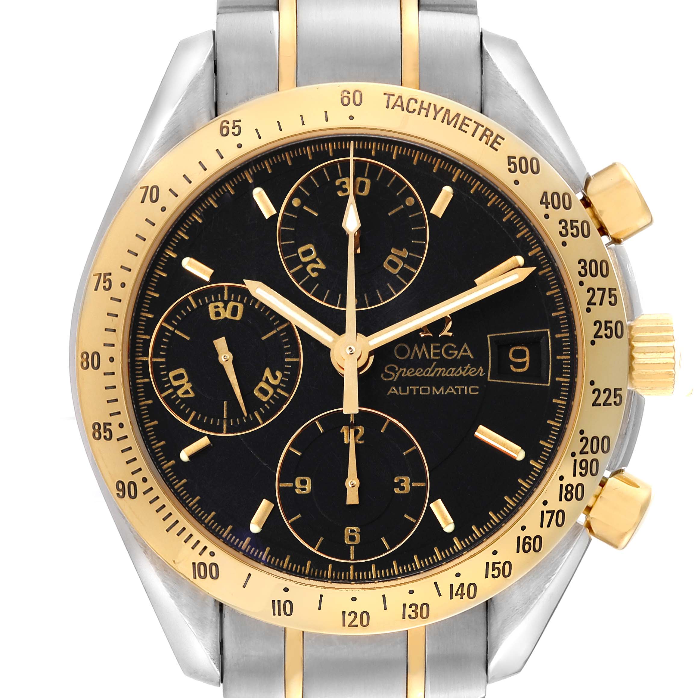 The image shows a front view of the Omega Speedmaster 3313.50.00 Men's Steel and Gold (two tone) Black Dial 3313.50.00 Men's Steel and Gold (two tone) Black Dial watch, highlighting its dial, subdials, tachymeter bezel, and date window.