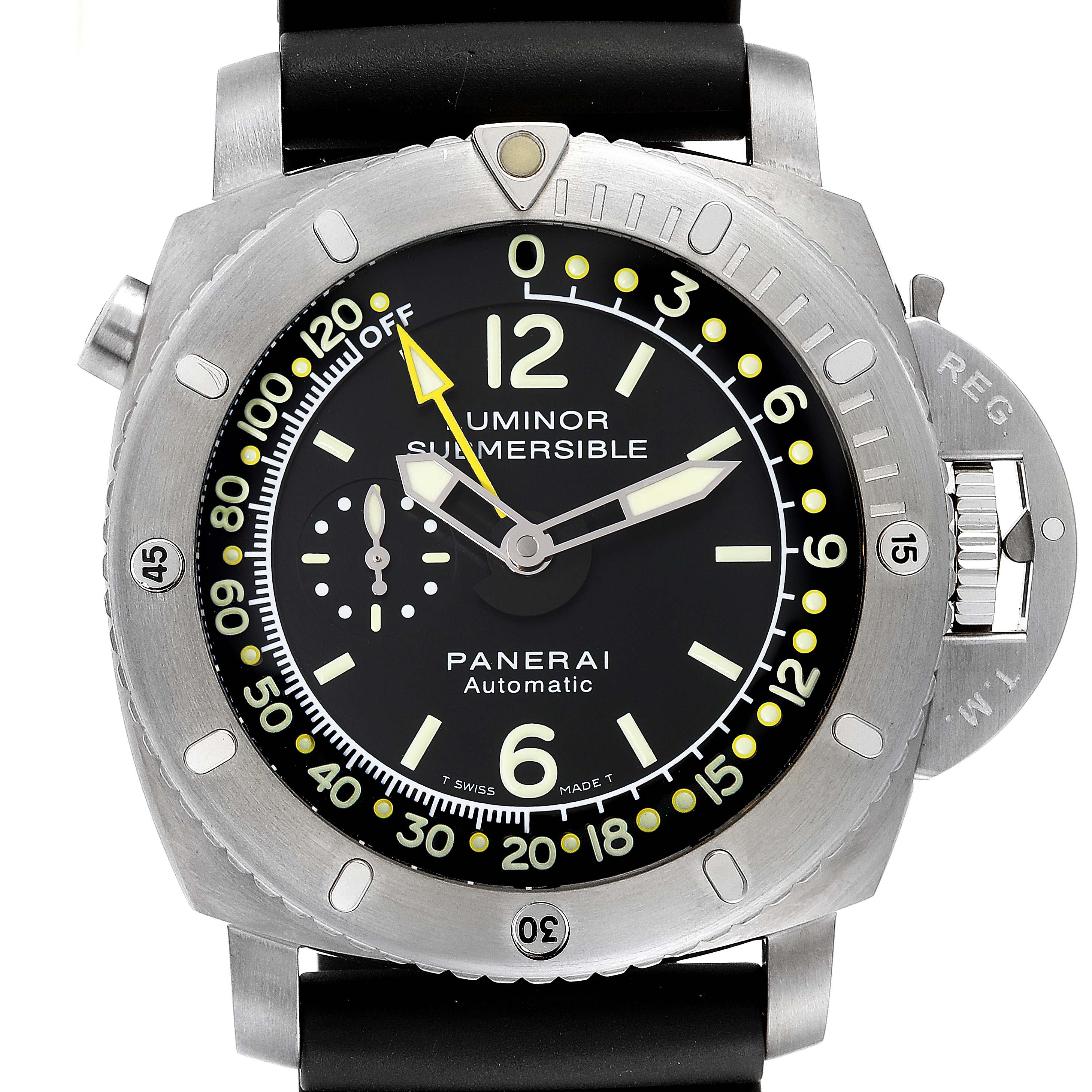 The image shows a frontal view of the Panerai Luminor Submersible watch, highlighting its dial, bezel, and crown guard.