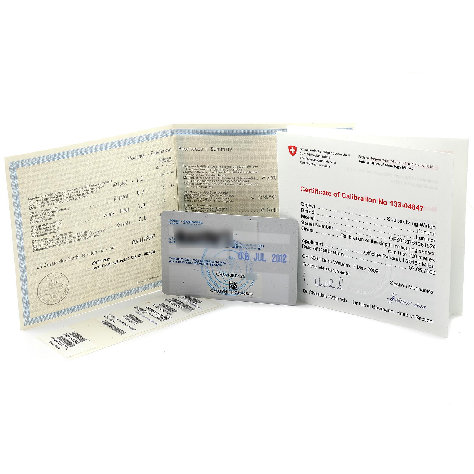 The image shows certification documents and a warranty card for the Panerai Submersible PAM00193 Men's Titanium Black Dial PAM00193 Men's Titanium Black Dial model watch.