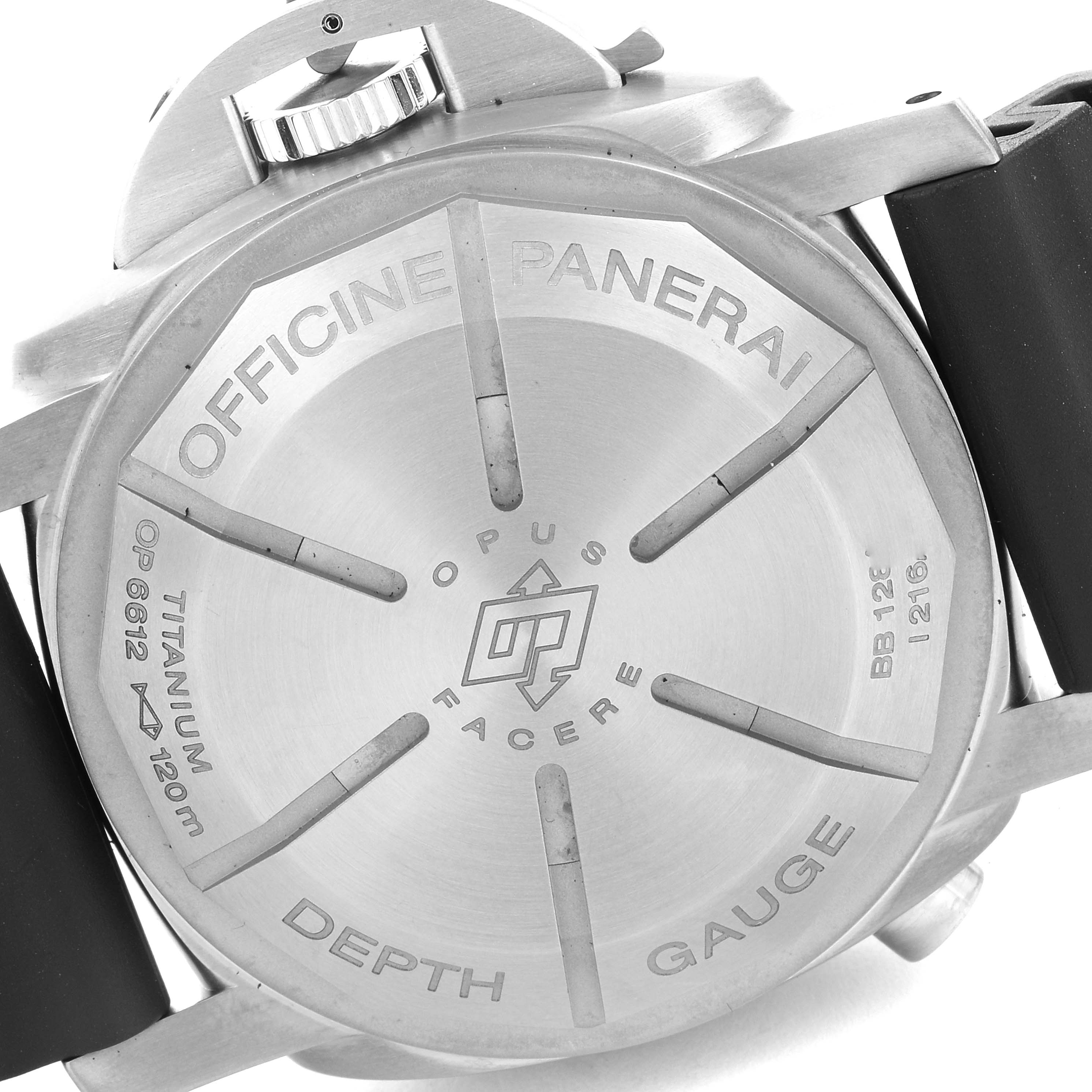 The image shows the back of a Panerai Submersible PAM00193 Men's Titanium Black Dial PAM00193 Men's Titanium Black Dial watch, highlighting the case back, strap, and crown.