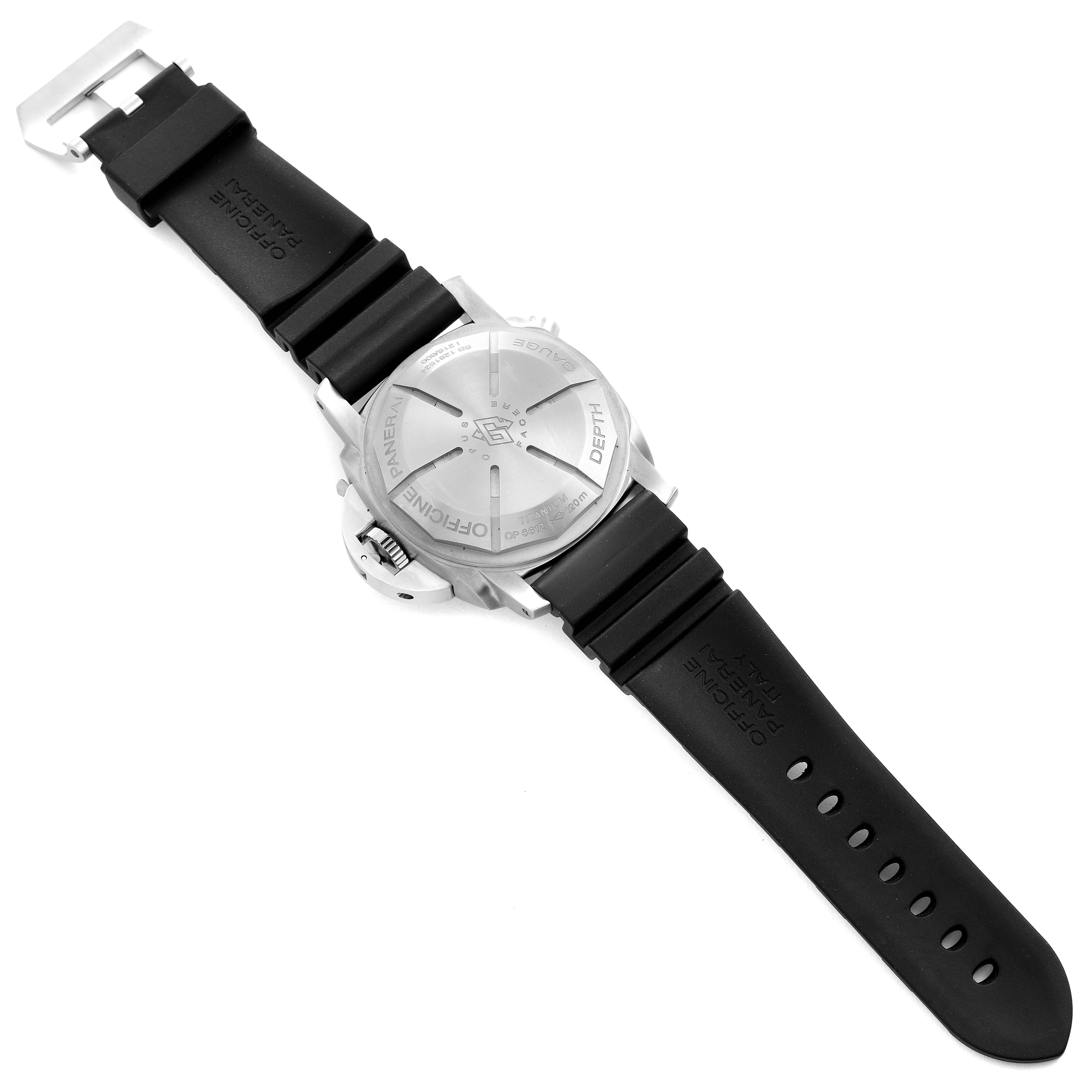 This image shows the back view of a Panerai Submersible PAM00193 Men's Titanium Black Dial PAM00193 Men's Titanium Black Dial watch, highlighting the case back and black rubber strap.