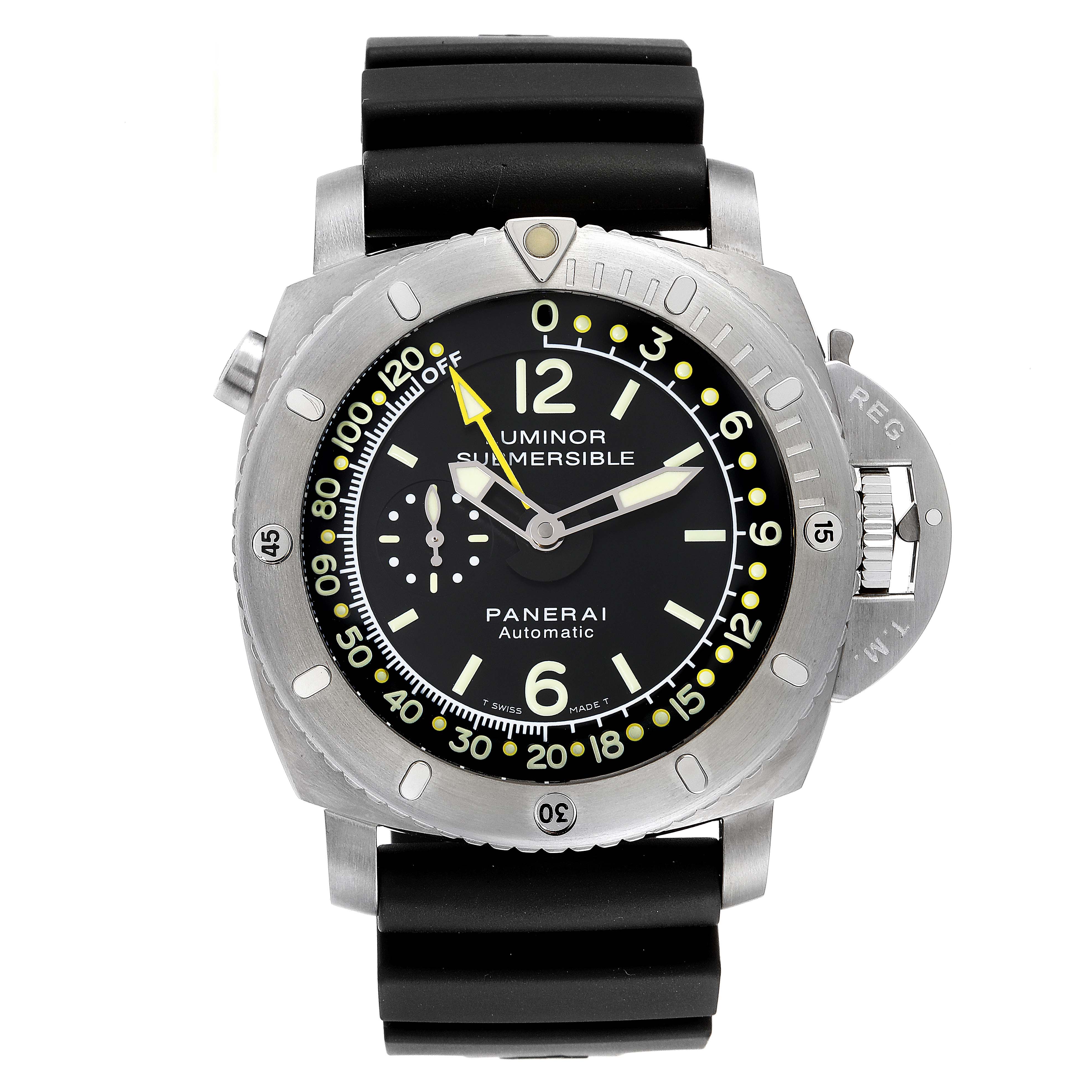 This Panerai Luminor Submersible watch is shown from a front view, detailing its face, bezel, and strap.