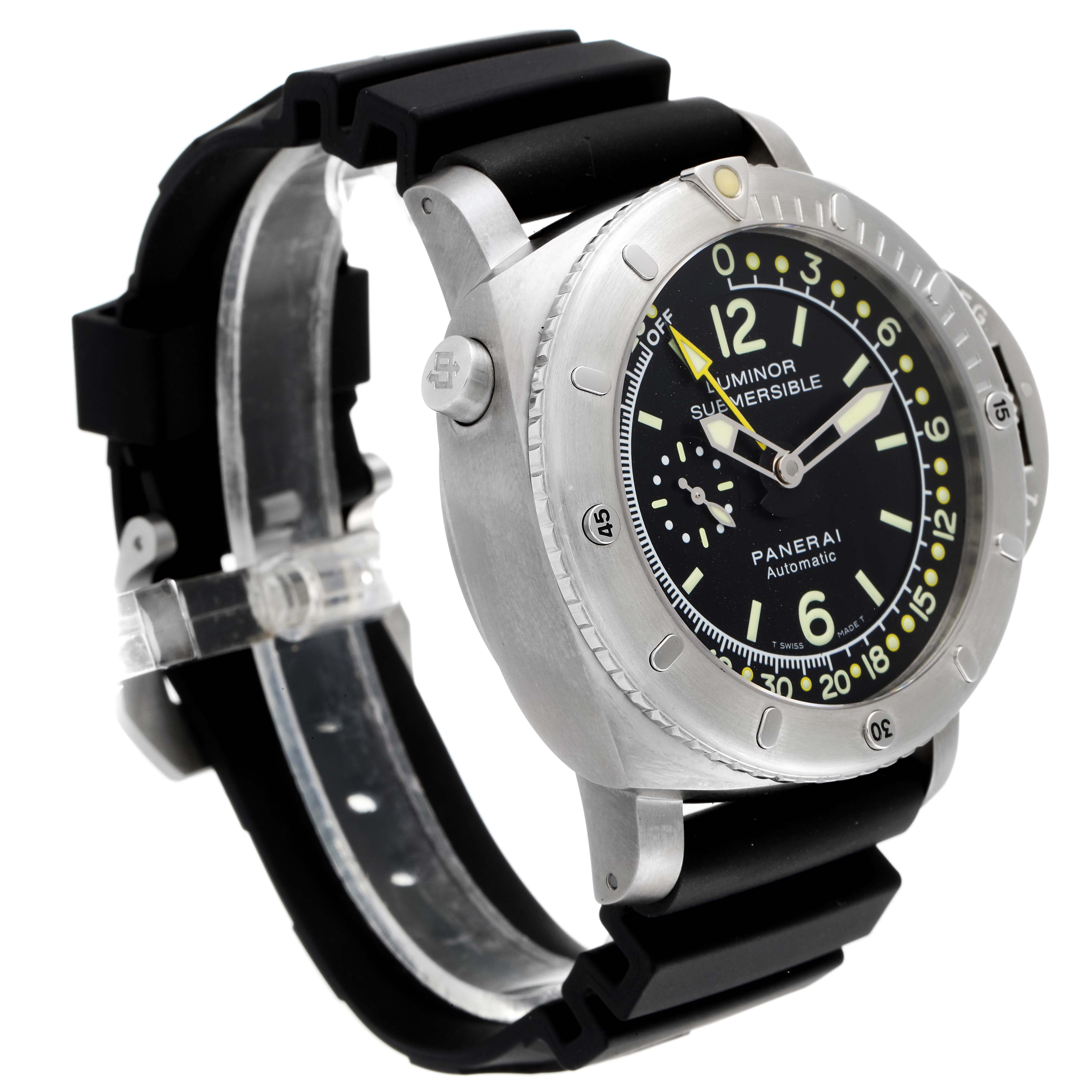 This Panerai Luminor Submersible watch is shown at an angle, displaying the face, bezel, side crown, and black strap.