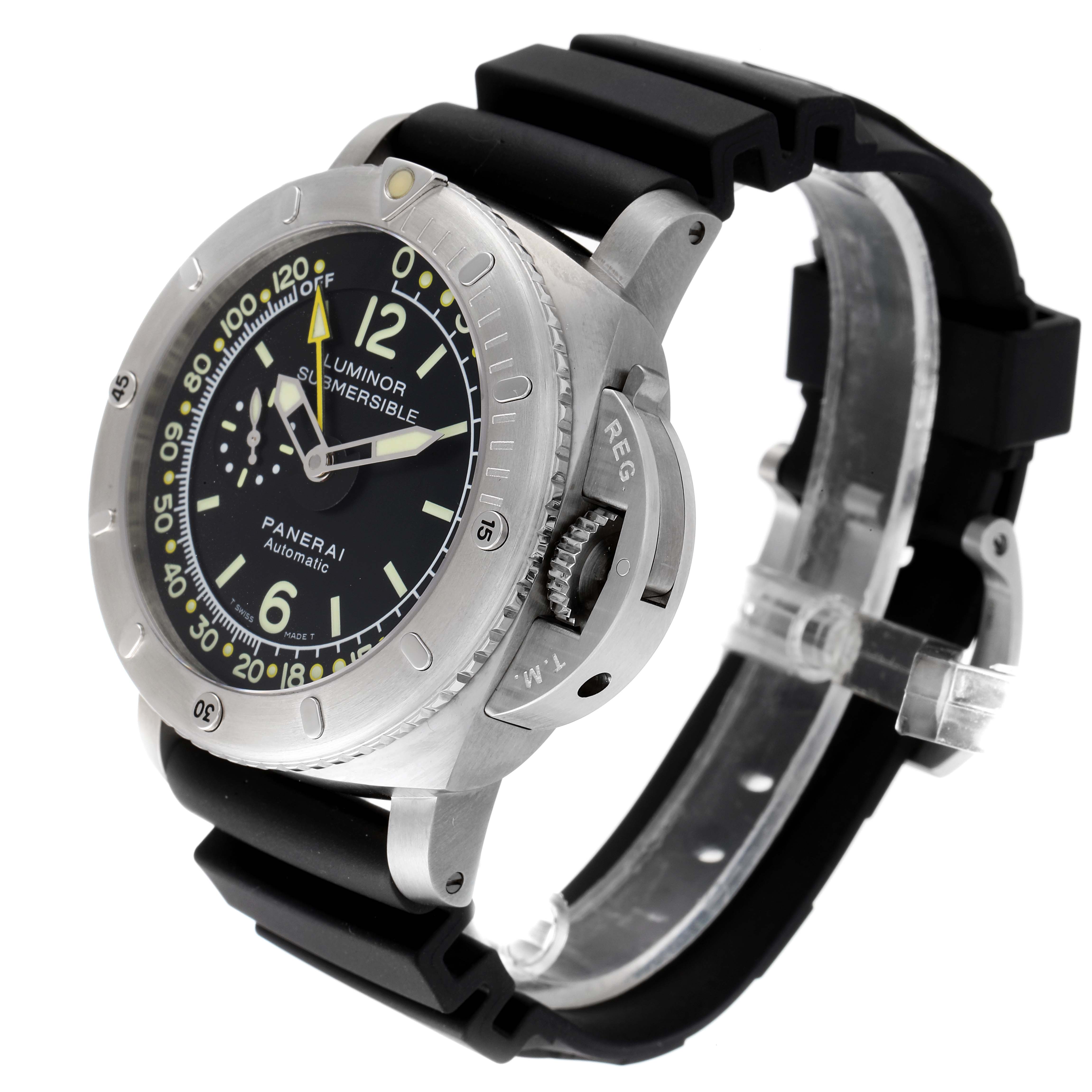 The image shows a Panerai Submersible PAM00193 Men's Titanium Black Dial PAM00193 Men's Titanium Black Dial watch at an angled view, highlighting its dial, bezel, crown guard, and rubber strap.