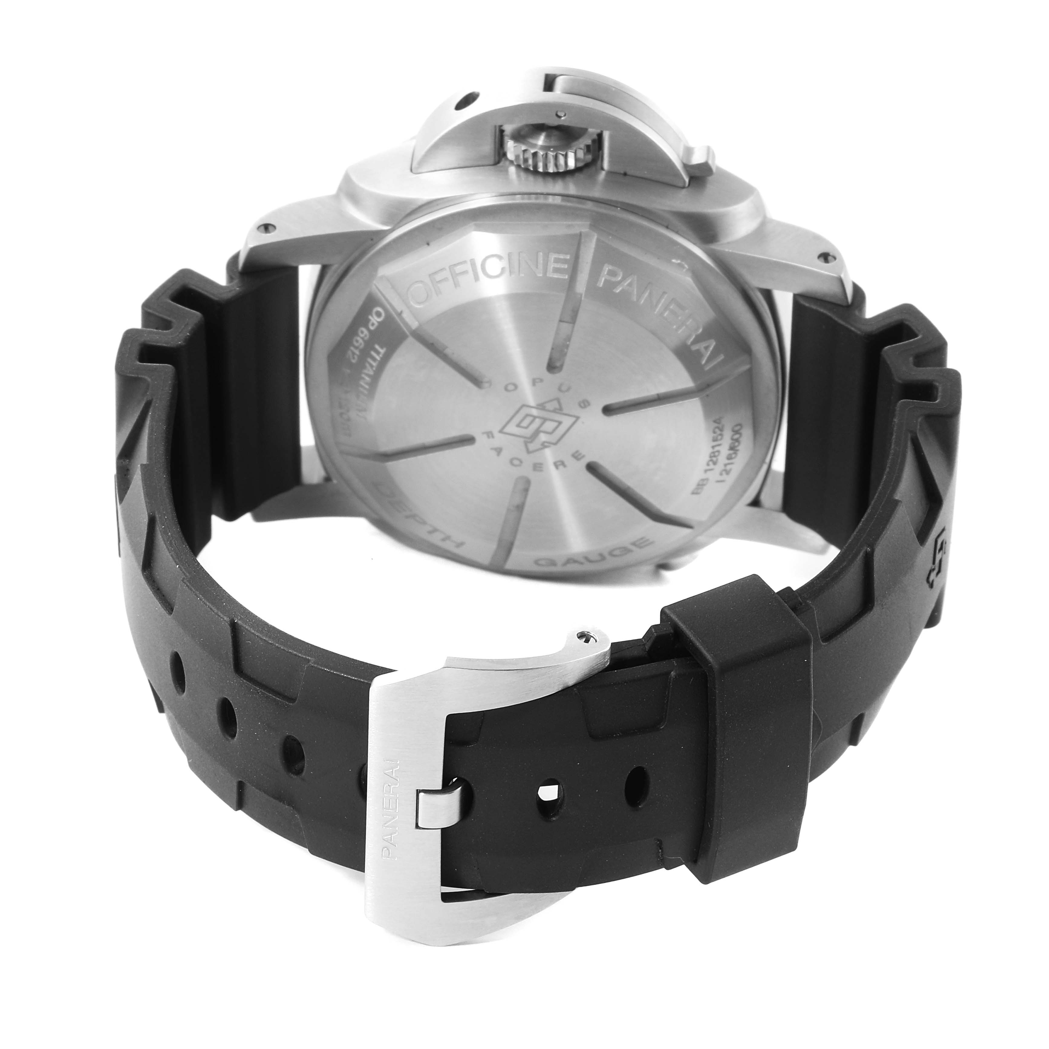 This image shows the back case and strap of a Panerai Submersible PAM00193 Men's Titanium Black Dial PAM00193 Men's Titanium Black Dial watch from a rear angle.