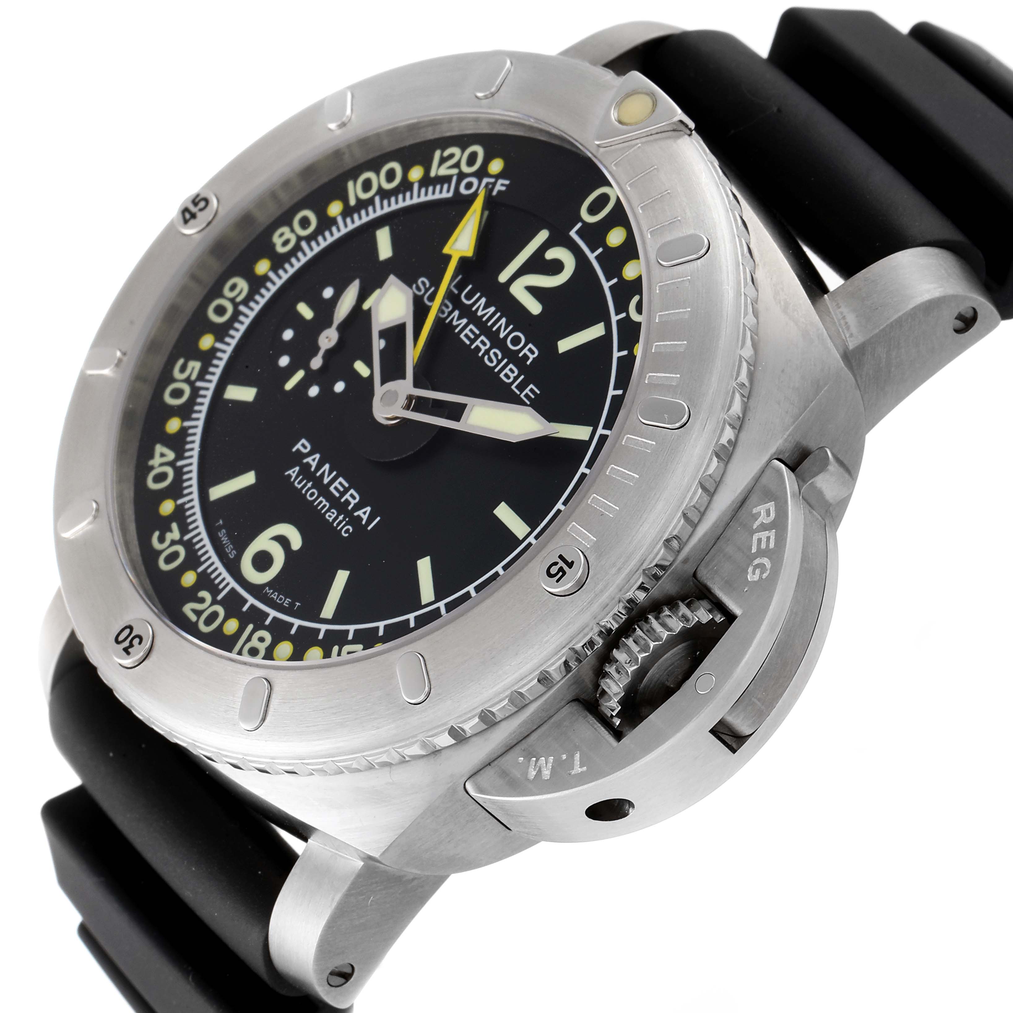 The image shows a Panerai Submersible PAM00193 Men's Titanium Black Dial PAM00193 Men's Titanium Black Dial watch from an angled side view, highlighting the bezel, dial, crown guard, and strap.