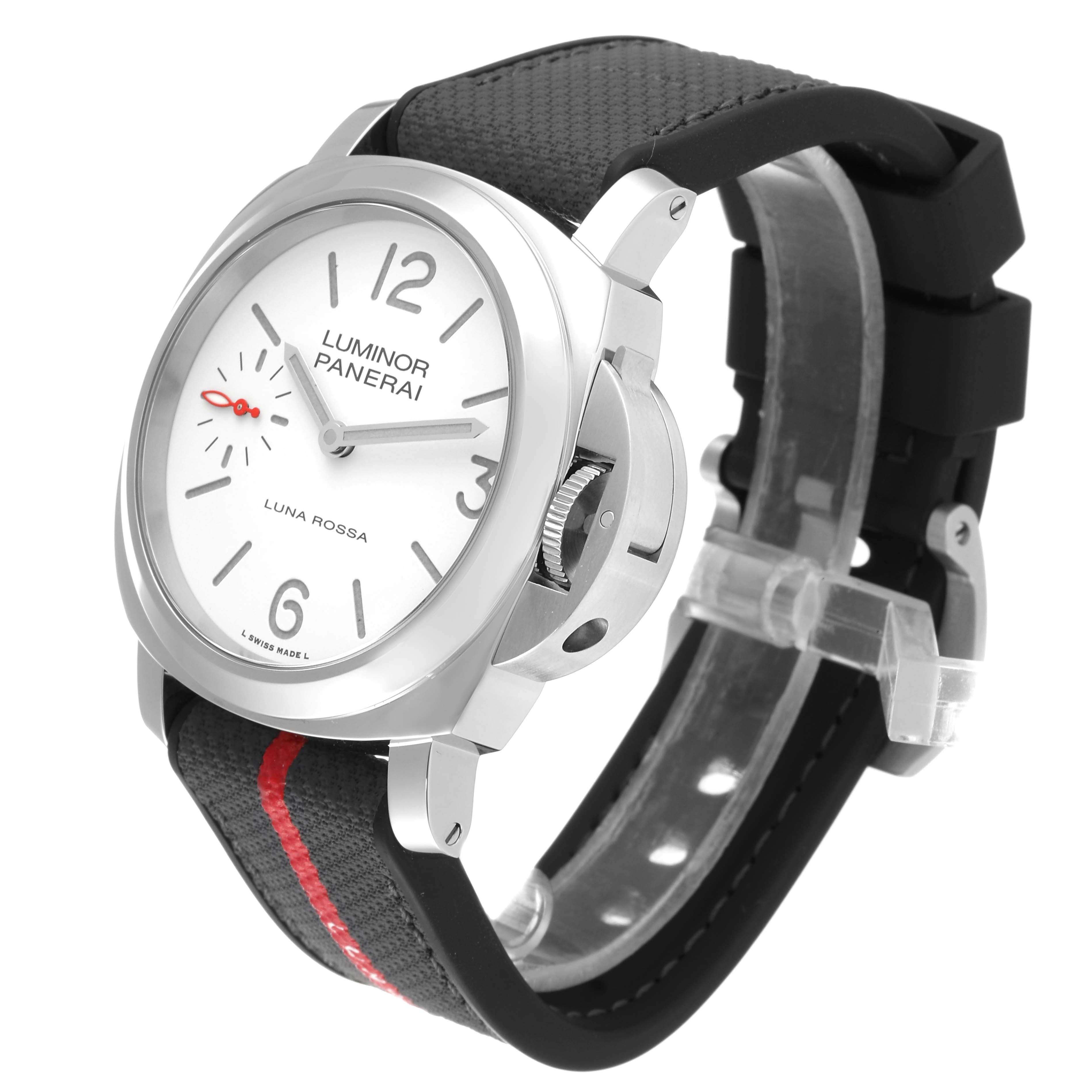 This image shows a side angle of the Panerai Luminor PAM01342 Men
s Stainless Steel White Dial PAM01342 Men
s Stainless Steel White Dial watch, highlighting its face, crown guard, and textured strap with a red stripe.