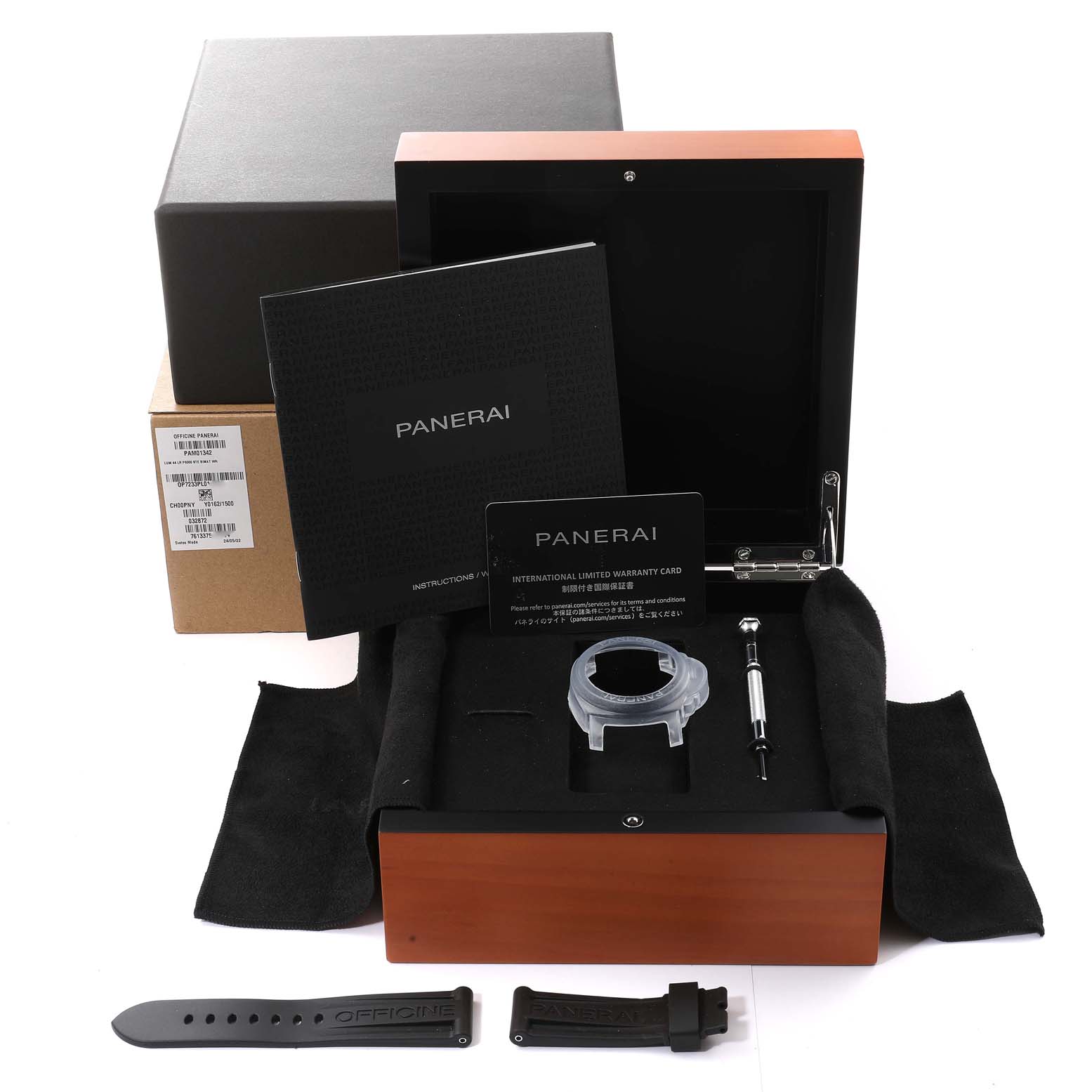 The image shows a Panerai Luminor PAM01342 Men
s Stainless Steel White Dial PAM01342 Men
s Stainless Steel White Dial watch kit, including strap, case, screwdriver, manuals, warranty card, and packaging.