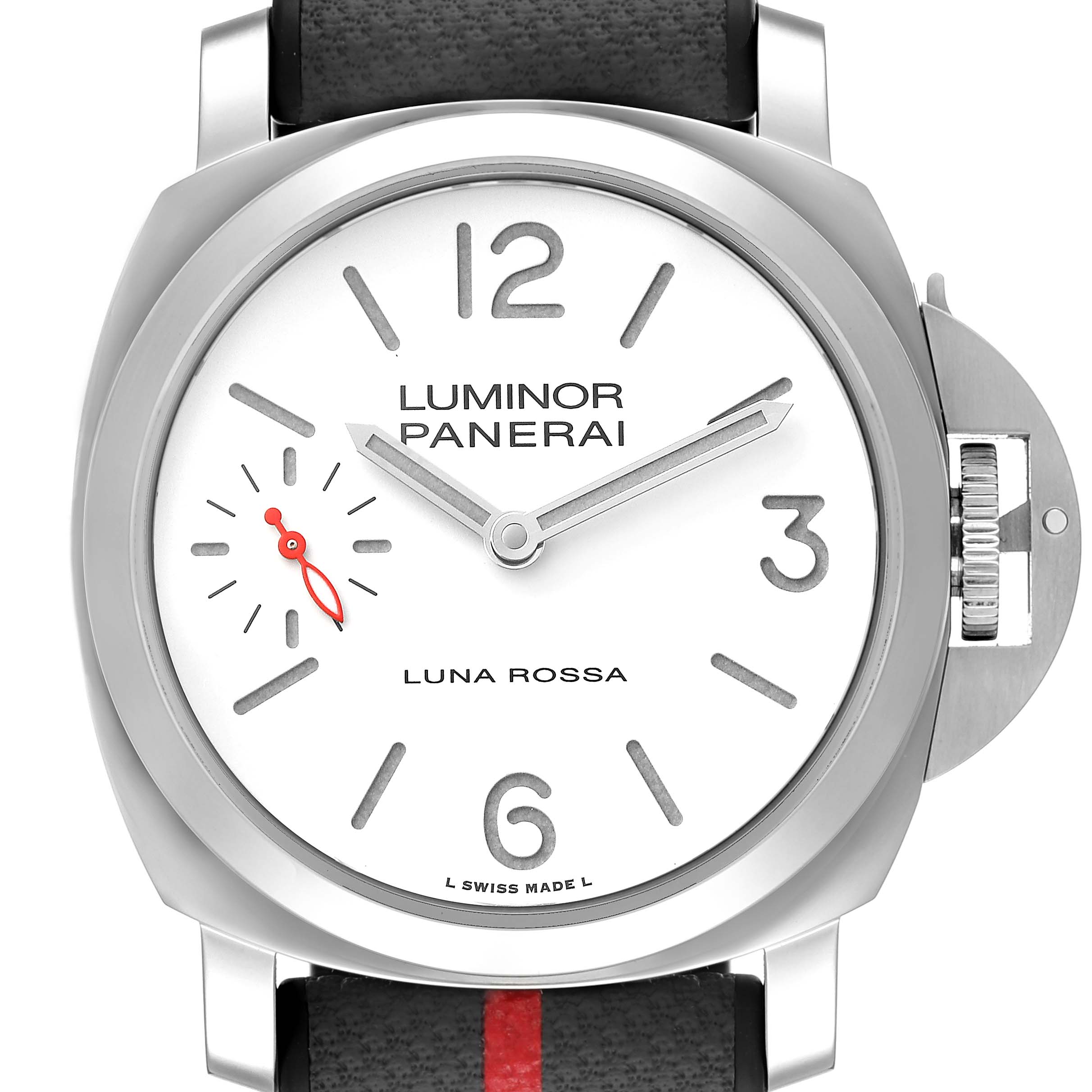 Front view of the Luminor Panerai watch showing the dial, crown guard, and strap.