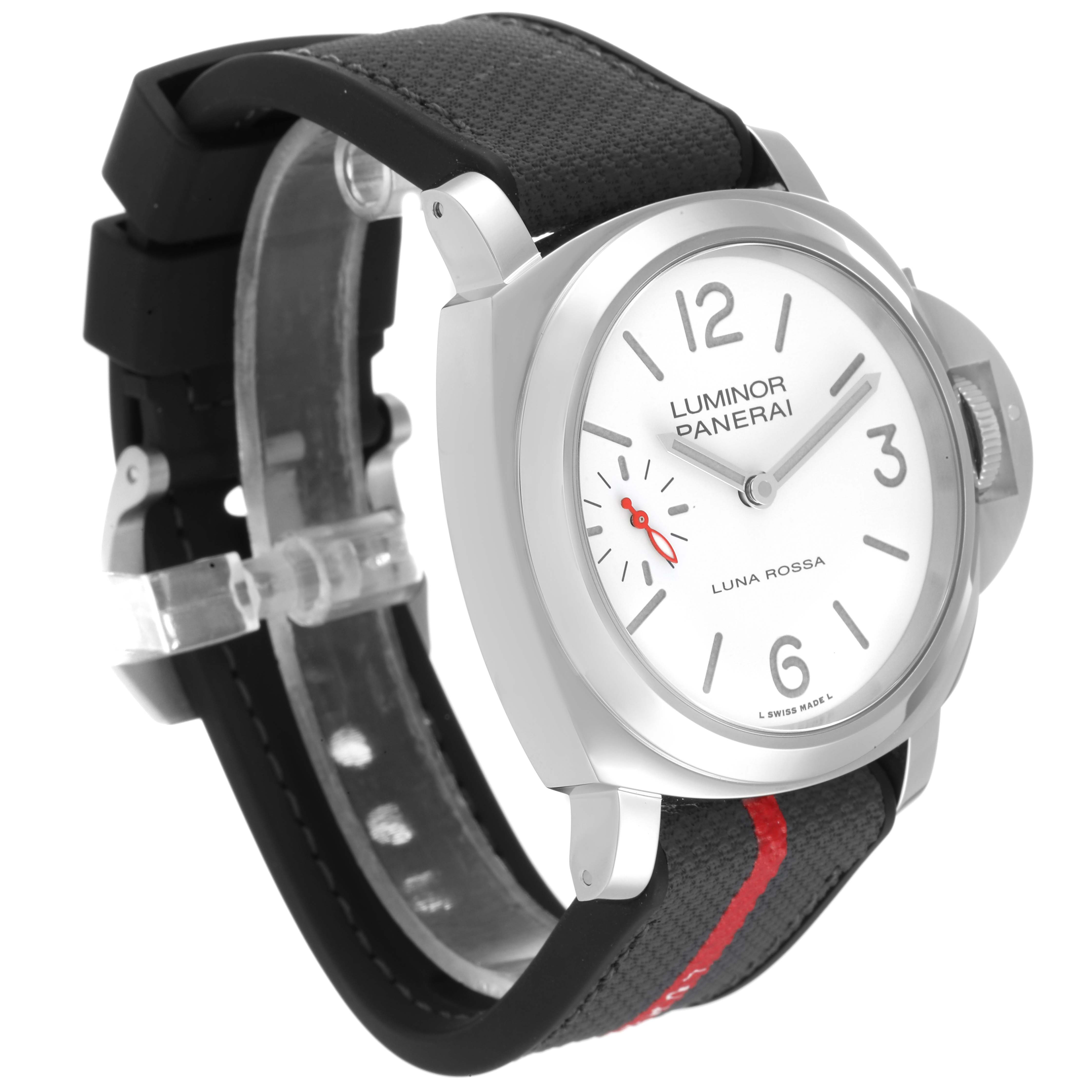 The image showcases a Panerai Luminor PAM01342 Men
s Stainless Steel White Dial PAM01342 Men
s Stainless Steel White Dial watch at a three-quarter angle, highlighting the face, case, and black strap.