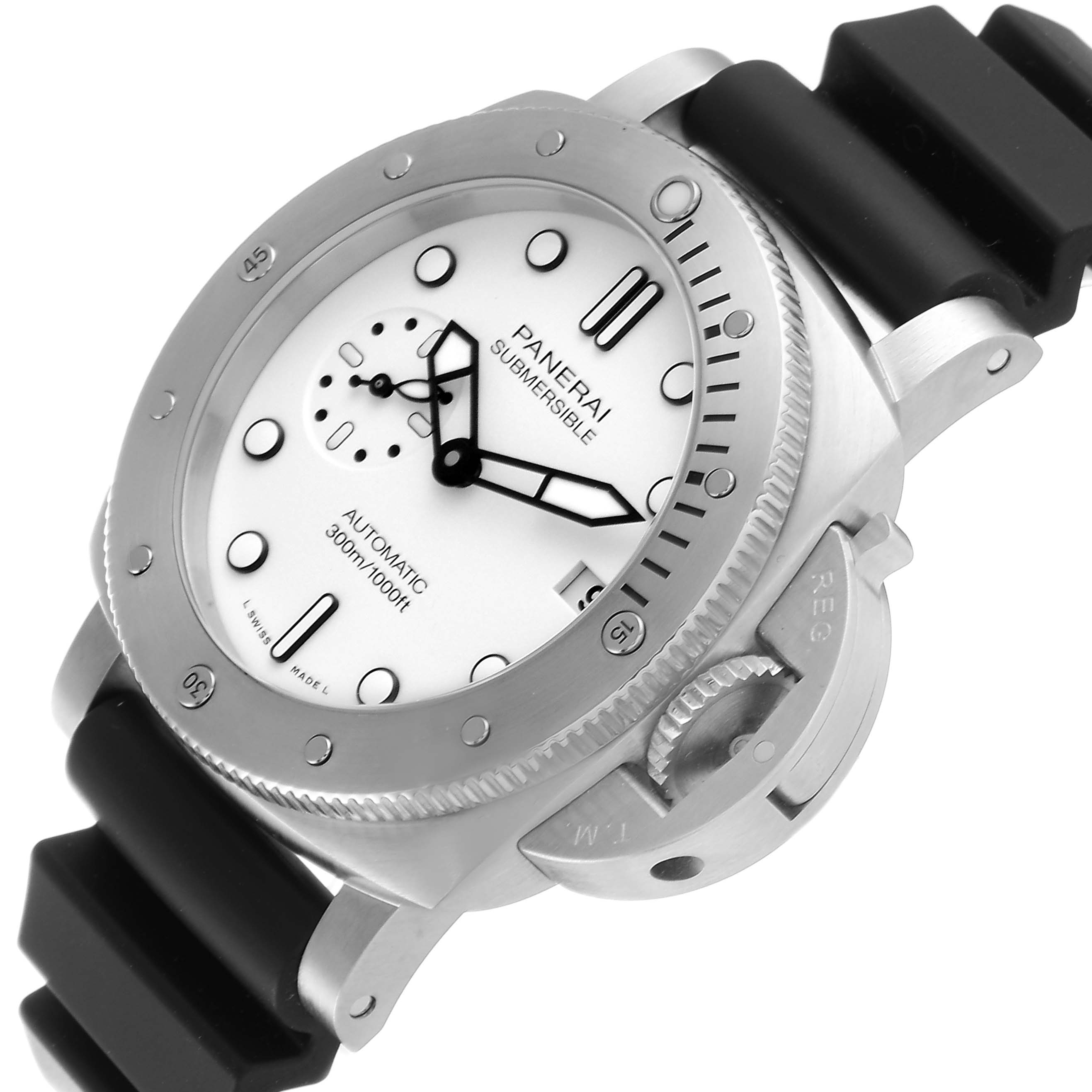 The Panerai Submersible PAM01223 Men's Stainless Steel White Dial PAM01223 Men's Stainless Steel White Dial watch is shown at a slight angle, highlighting the dial, bezel, crown guard, and black rubber strap.