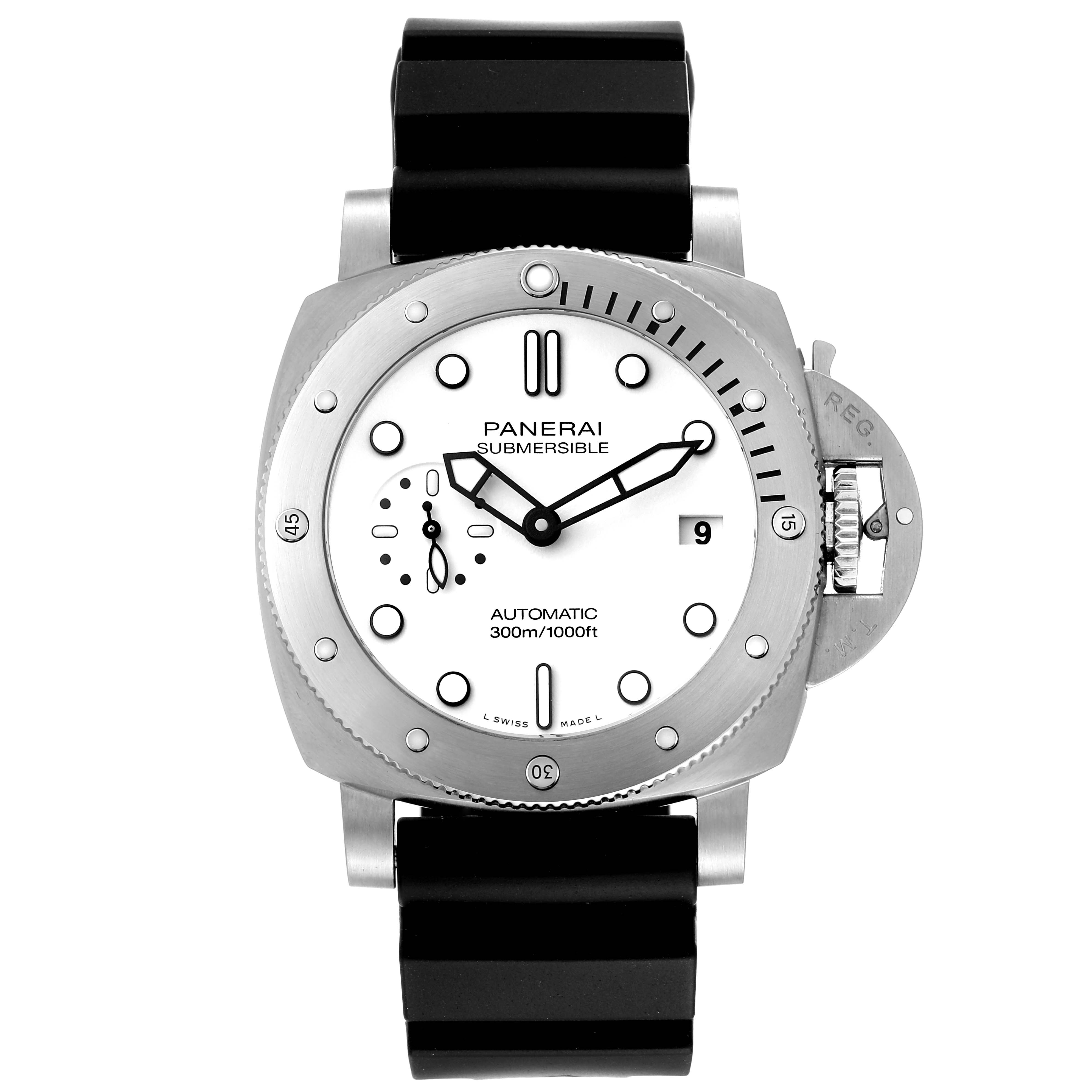 The image shows a frontal view of the Panerai Submersible PAM01223 Men's Stainless Steel White Dial PAM01223 Men's Stainless Steel White Dial watch, including the dial, bezel, and strap.