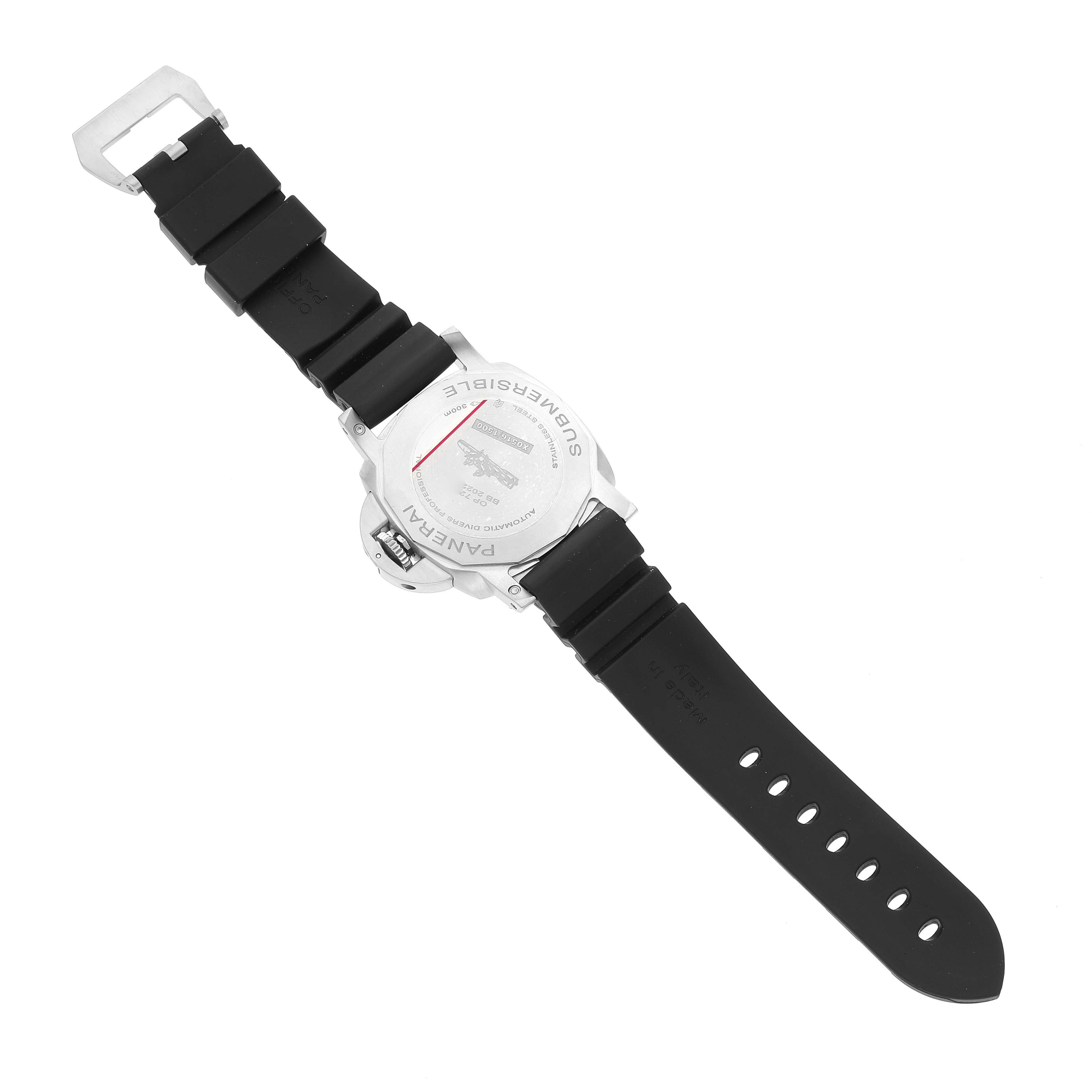 The image shows the back view of the Panerai Submersible PAM01223 Men's Stainless Steel White Dial PAM01223 Men's Stainless Steel White Dial watch, focusing on its case back and black rubber strap.