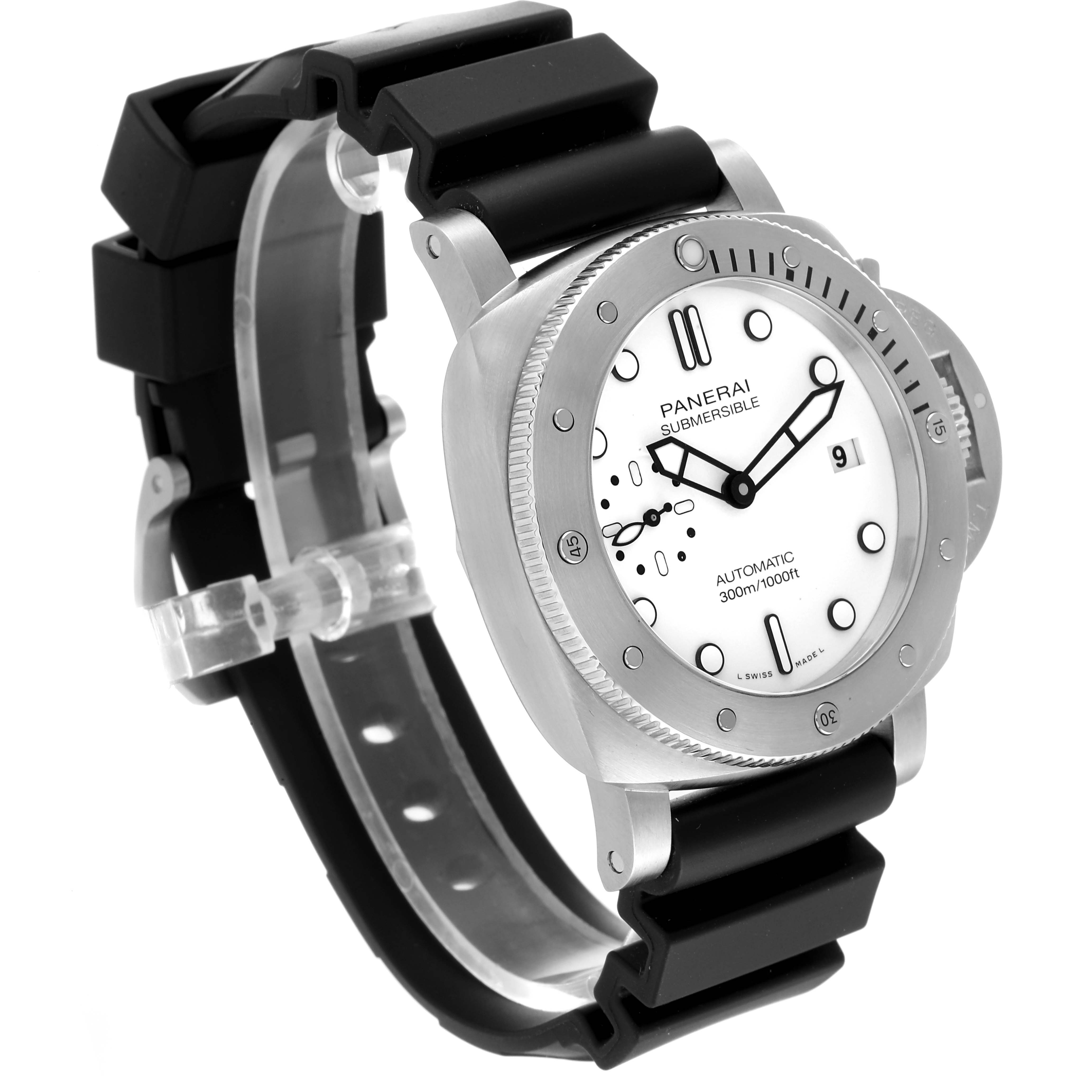 The Panerai Submersible PAM01223 Men's Stainless Steel White Dial PAM01223 Men's Stainless Steel White Dial watch is shown at a three-quarter angle, highlighting its bezel, dial, and black rubber strap.