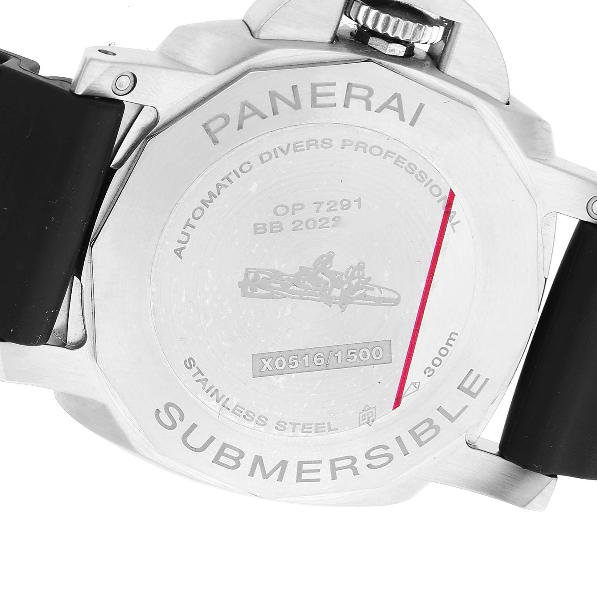 A rear view of a Panerai Submersible PAM01223 Men's Stainless Steel White Dial PAM01223 Men's Stainless Steel White Dial watch showing the case back with engravings and the rubber strap.