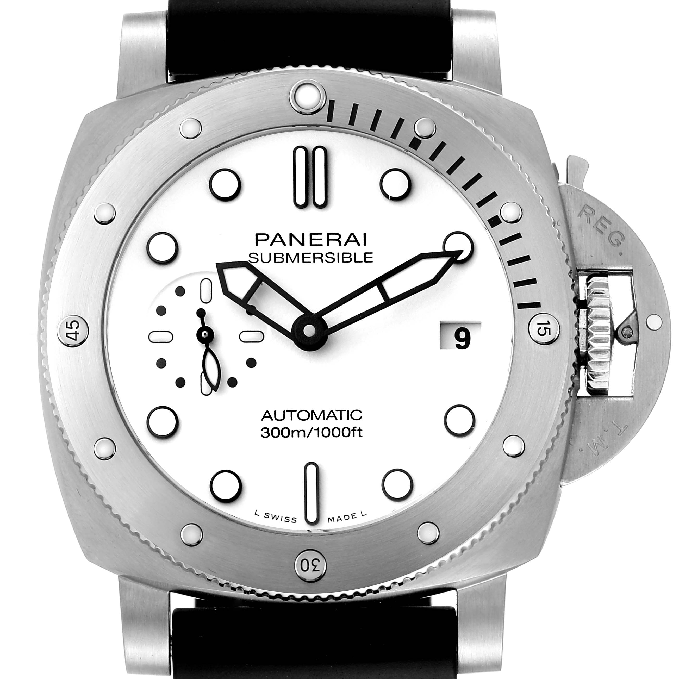 The Panerai Submersible PAM01223 Men's Stainless Steel White Dial PAM01223 Men's Stainless Steel White Dial watch is shown from a front angle, displaying the dial, bezel, crown guard, and date window.