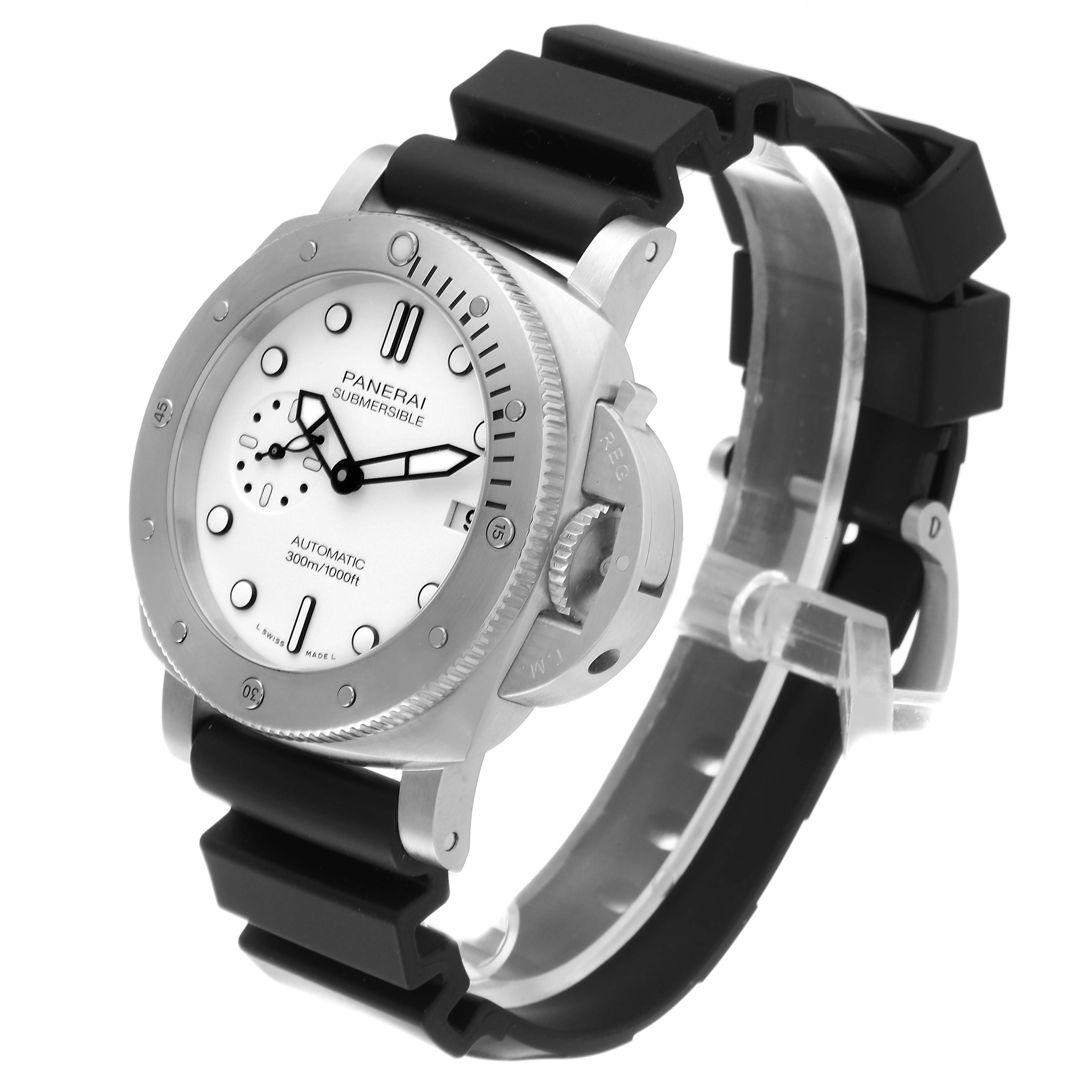 The image shows a Panerai Submersible PAM01223 Men's Stainless Steel White Dial PAM01223 Men's Stainless Steel White Dial watch from a front angle, highlighting the face, bezel, and strap.