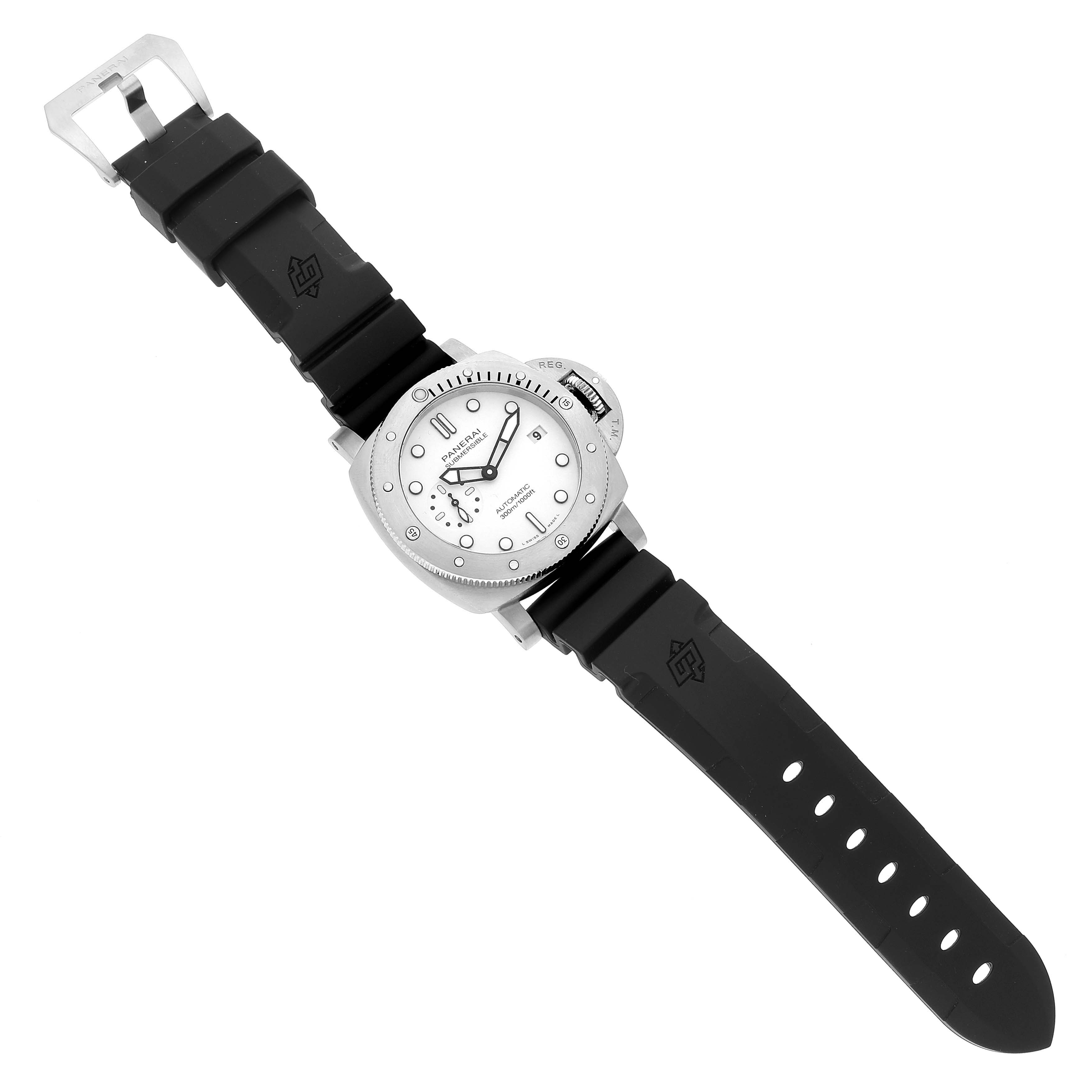 The image shows a Panerai Submersible PAM01223 Men's Stainless Steel White Dial PAM01223 Men's Stainless Steel White Dial model watch from a top-down angle, including the case, bezel, dial, and rubber strap.