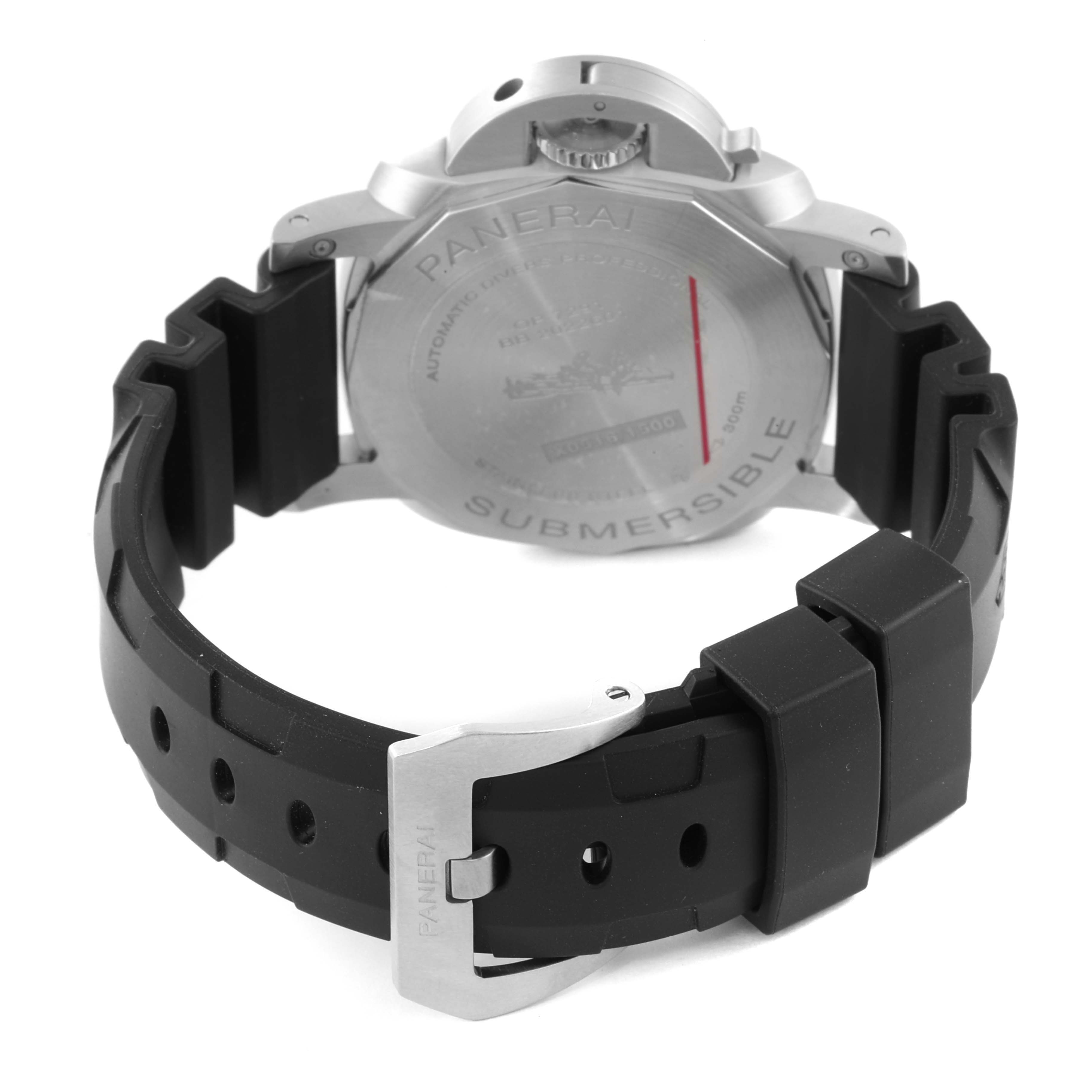 This image shows the back view of a Panerai Submersible PAM01223 Men's Stainless Steel White Dial PAM01223 Men's Stainless Steel White Dial watch, highlighting the case back and rubber strap with the clasp.