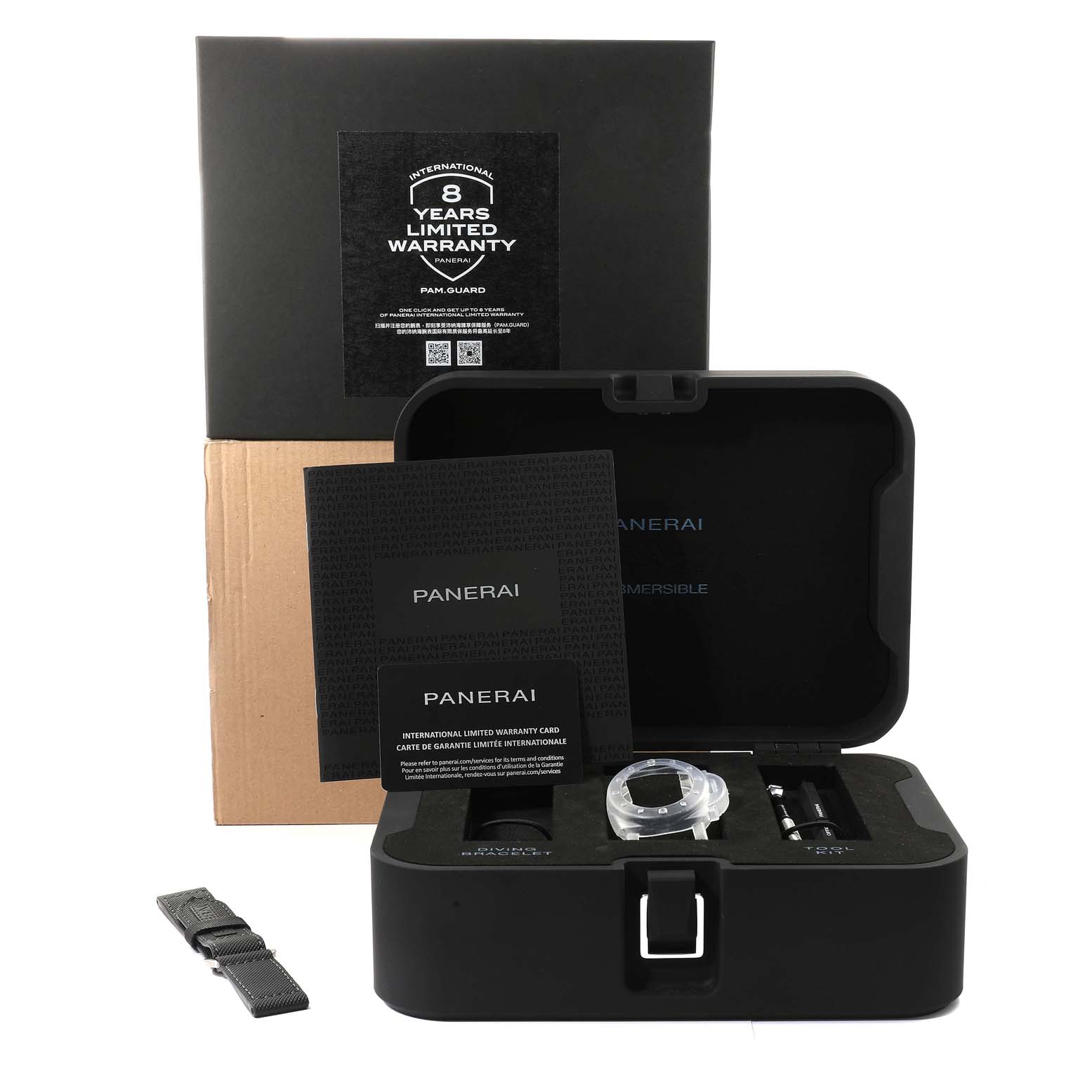 The image shows a Panerai Submersible PAM01223 Men's Stainless Steel White Dial PAM01223 Men's Stainless Steel White Dial watch set with its box, warranty cards, a spare strap, and tools from a front angle.