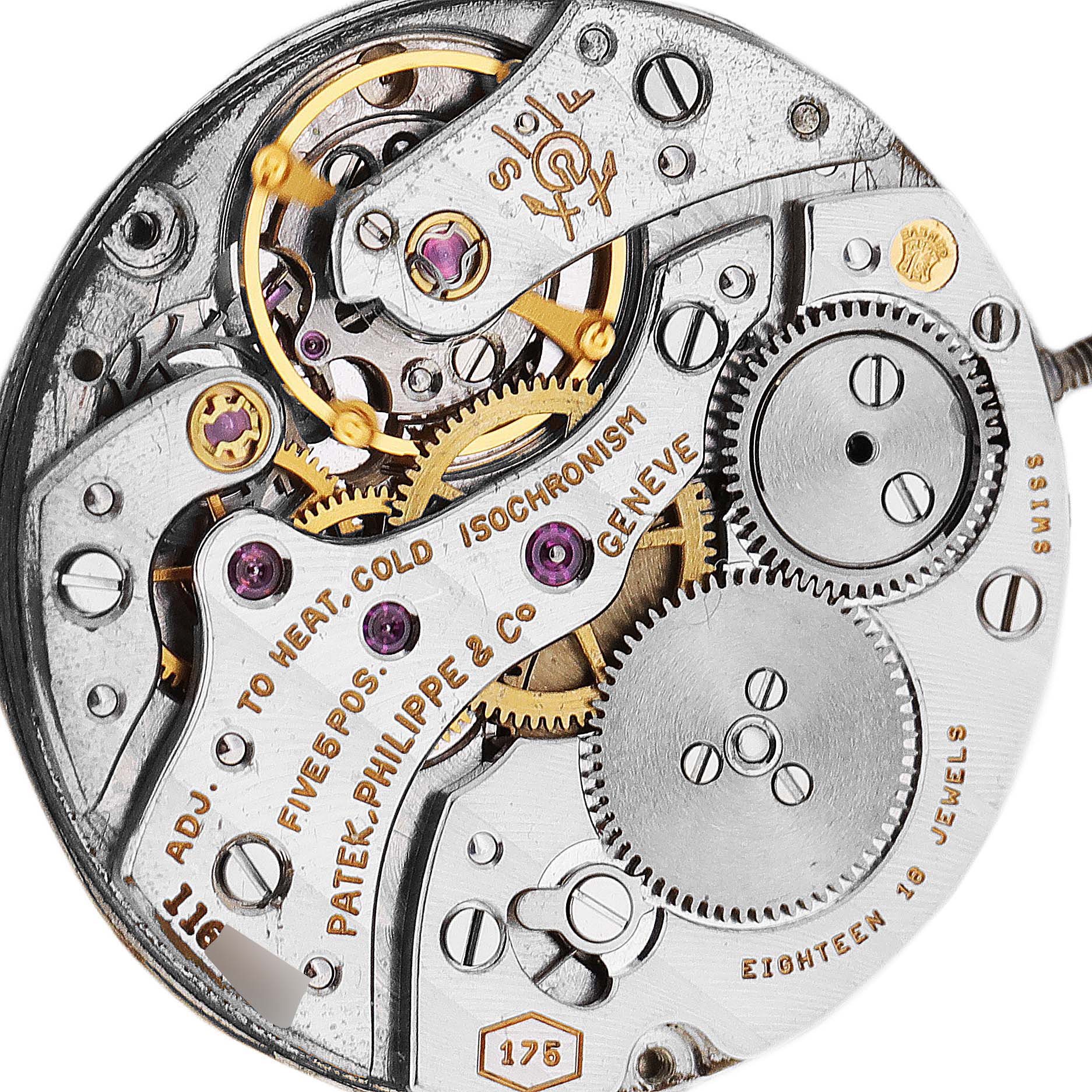 The image shows the intricate internal mechanism of a Vintage Patek Philippe watch, highlighting gears, jewels, and inscriptions.