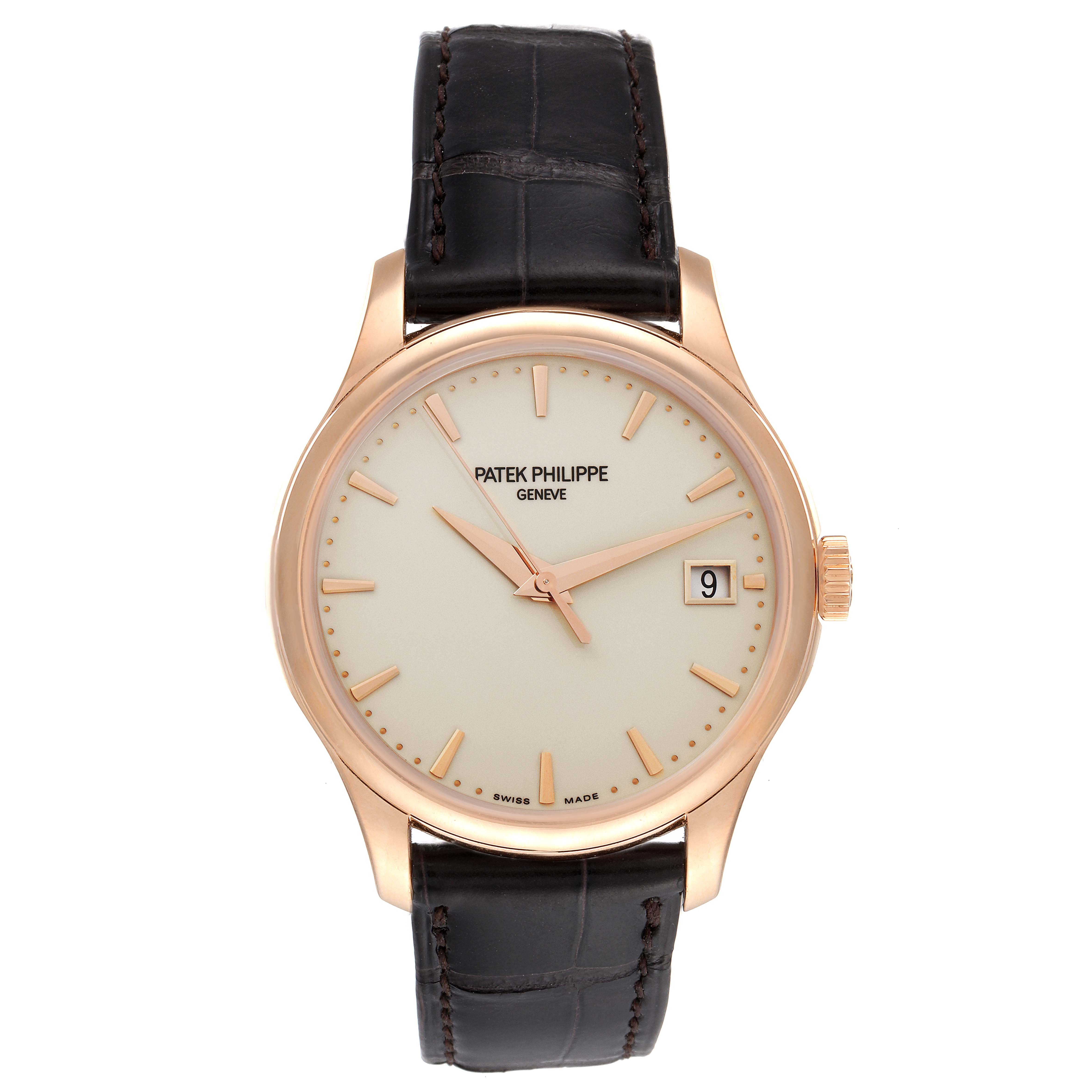 This image shows a front view of a Patek Philippe Calatrava 5227R-001 Men's Rose Gold Beige Dial 5227R-001 Men's Rose Gold Beige Dial watch, featuring a leather strap and a date display.