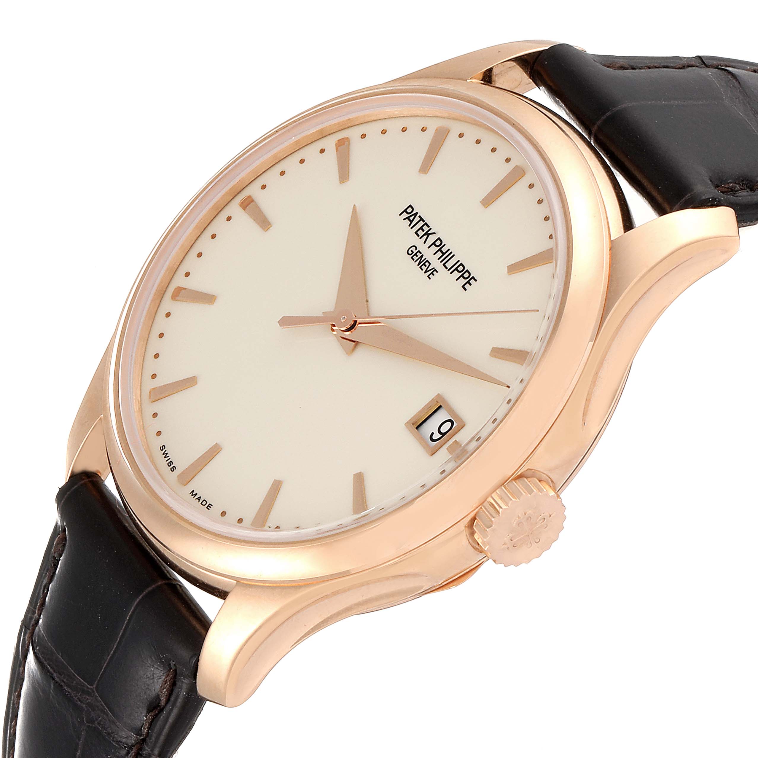 The image shows a side-angle view of the Patek Philippe Calatrava 5227R-001 Men's Rose Gold Beige Dial 5227R-001 Men's Rose Gold Beige Dial watch, highlighting the dial, crown, and leather strap.