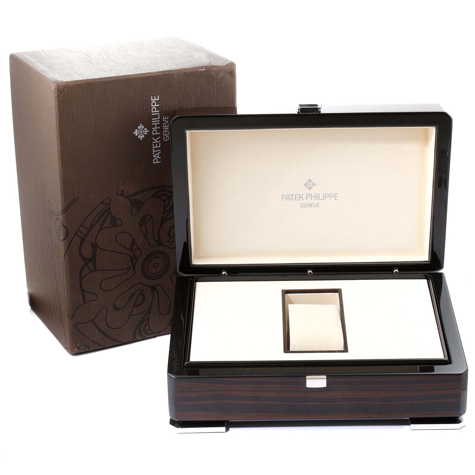 The image shows the packaging and open presentation box for a Patek Philippe Calatrava 5227R-001 Men's Rose Gold Beige Dial 5227R-001 Men's Rose Gold Beige Dial watch.