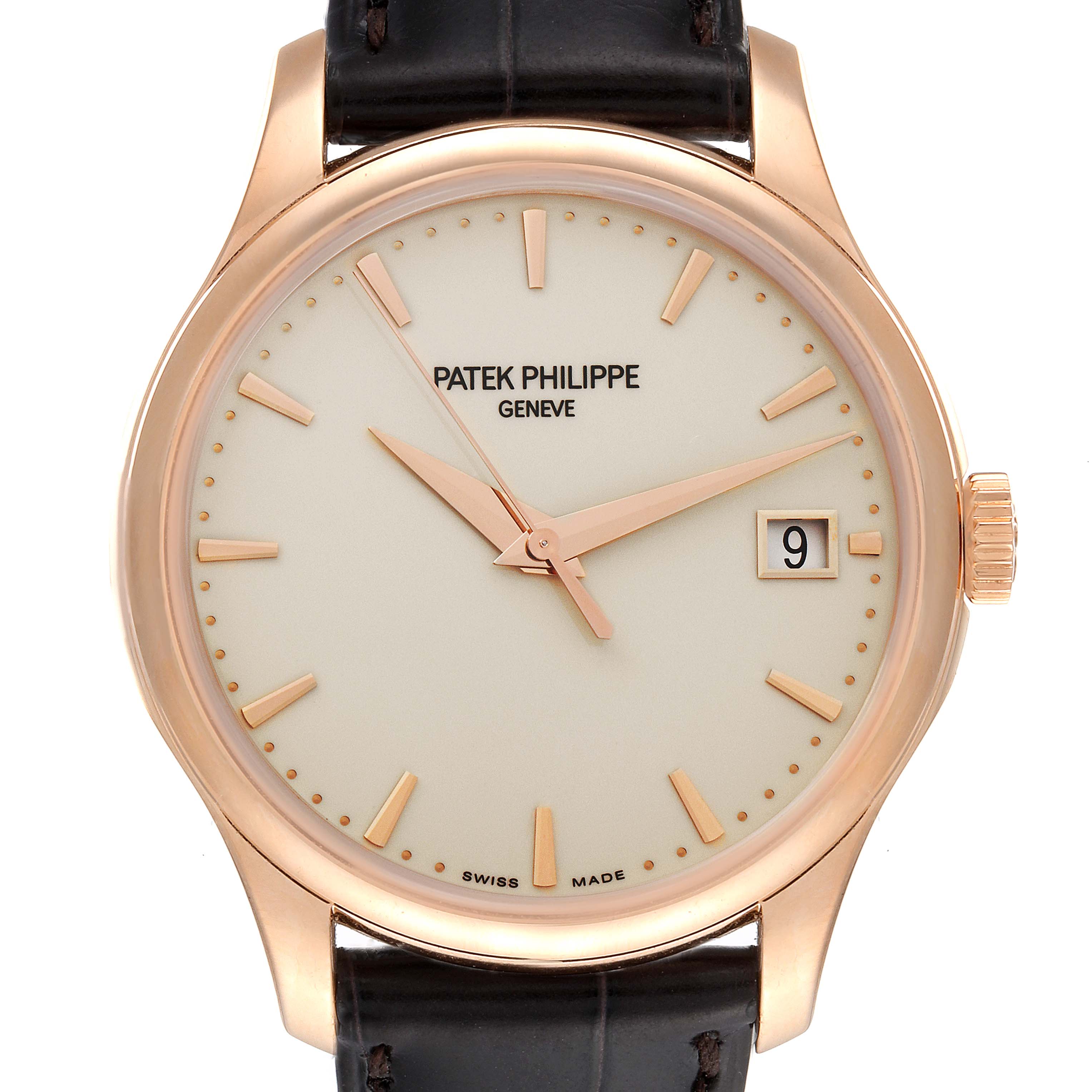 This image shows a front view of the Patek Philippe Calatrava 5227R-001 Men's Rose Gold Beige Dial 5227R-001 Men's Rose Gold Beige Dial watch, highlighting the face, dial, and date display.