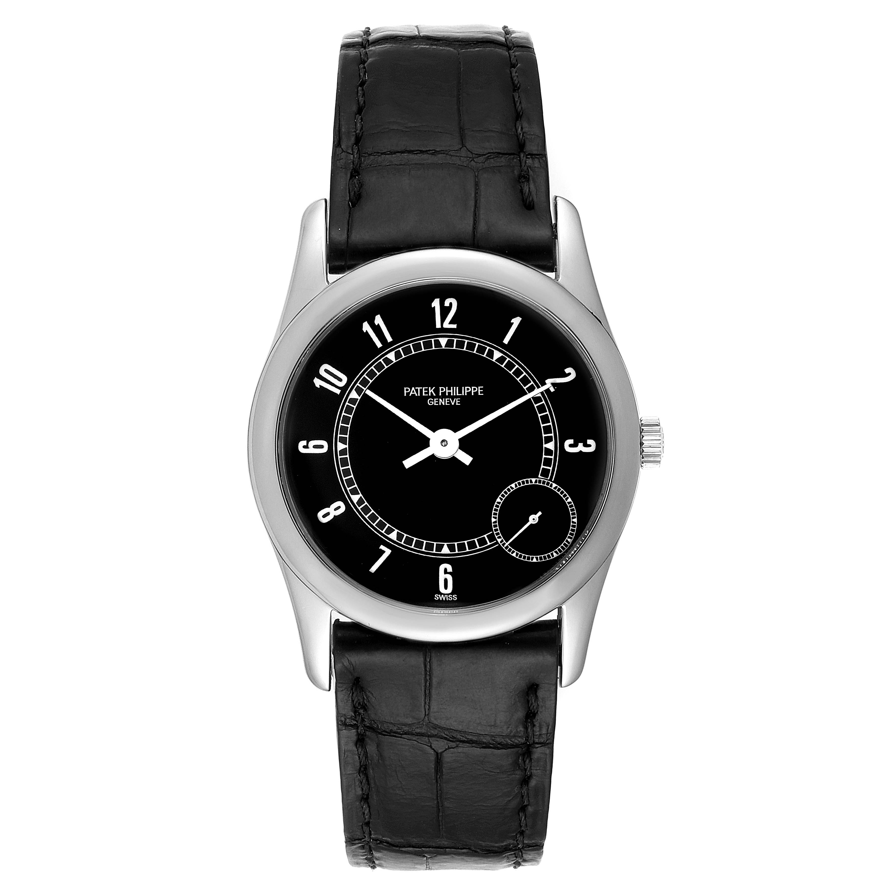 This image shows a front view of a Patek Philippe Calatrava 5000G Men's White Gold Black Dial 5000G Men's White Gold Black Dial watch with a black leather strap.