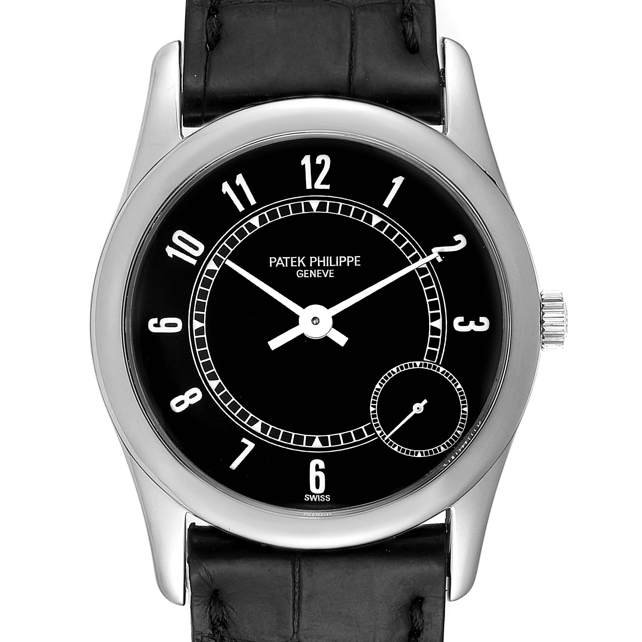 The image displays a frontal view of a Patek Philippe Calatrava 5000G Men's White Gold Black Dial 5000G Men's White Gold Black Dial watch, showcasing its black dial, numerals, and leather strap.