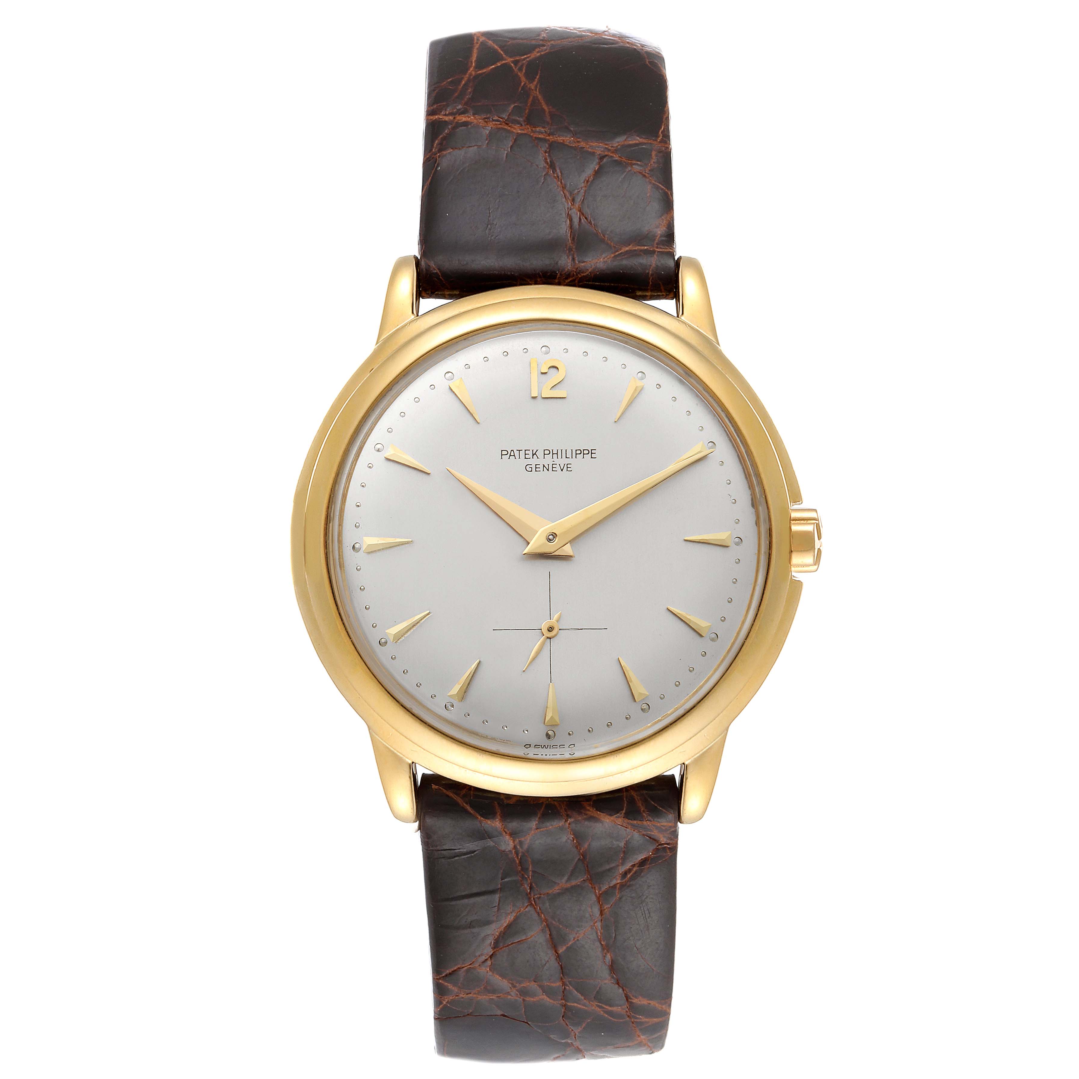 The image shows a front view of a Vintage Patek Philippe watch with a gold case and brown leather strap.
