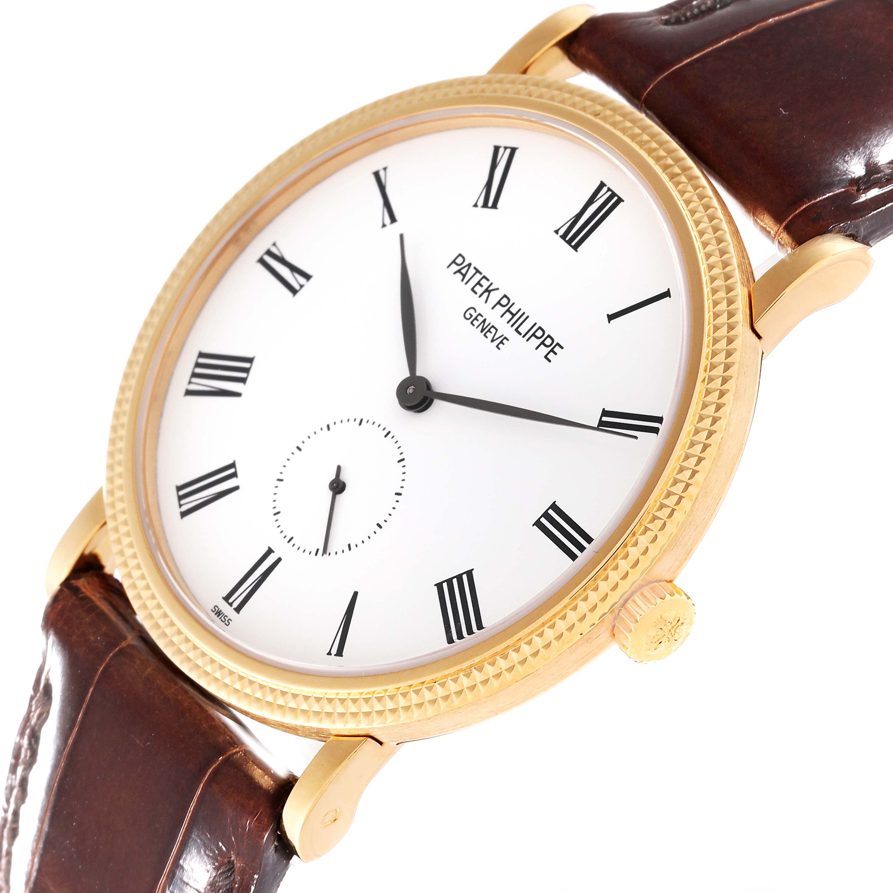 The image shows a front-angle view of the Patek Philippe Calatrava 5119J-001 Men's Yellow Gold White Dial 5119J-001 Men's Yellow Gold White Dial watch, highlighting its face, bezel, crown, and brown leather strap.