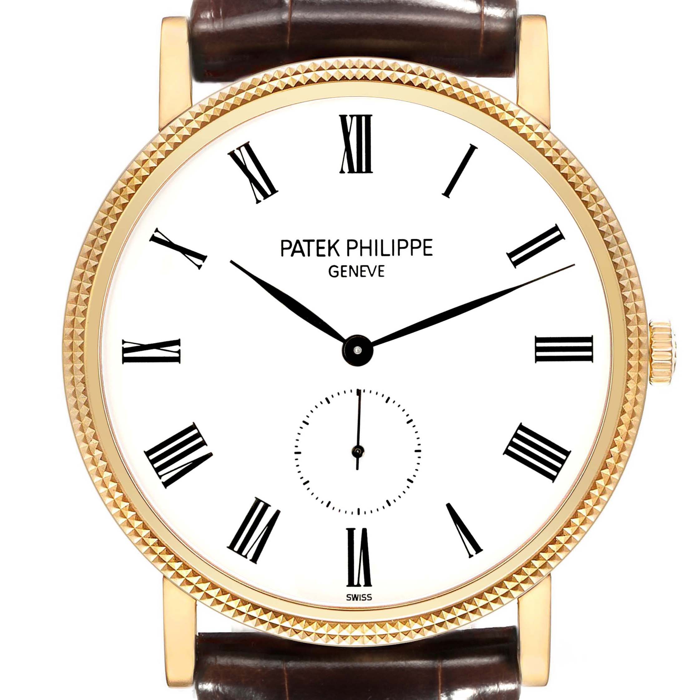 The image shows a front view of the Patek Philippe Calatrava 5119J-001 Men's Yellow Gold White Dial 5119J-001 Men's Yellow Gold White Dial watch, highlighting its face, bezel, hands, and part of the strap.