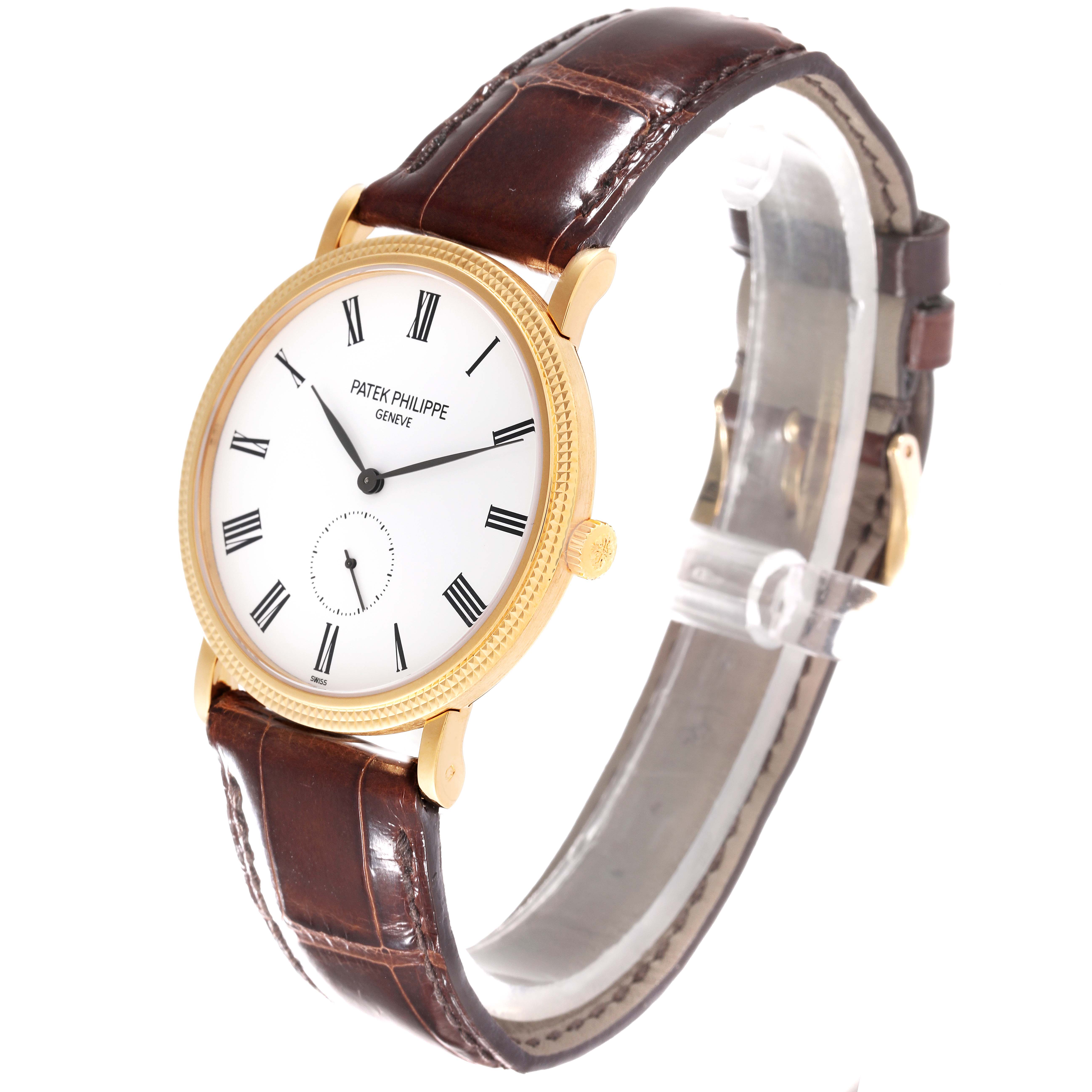 The image shows a Patek Philippe Calatrava 5119J-001 Men's Yellow Gold White Dial 5119J-001 Men's Yellow Gold White Dial watch at an angled side view, highlighting the brown leather strap and gold bezel.