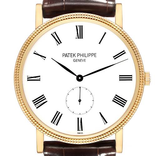 The image shows a front view of a Patek Philippe Calatrava watch, highlighting its dial, hands, bezel, and leather strap.