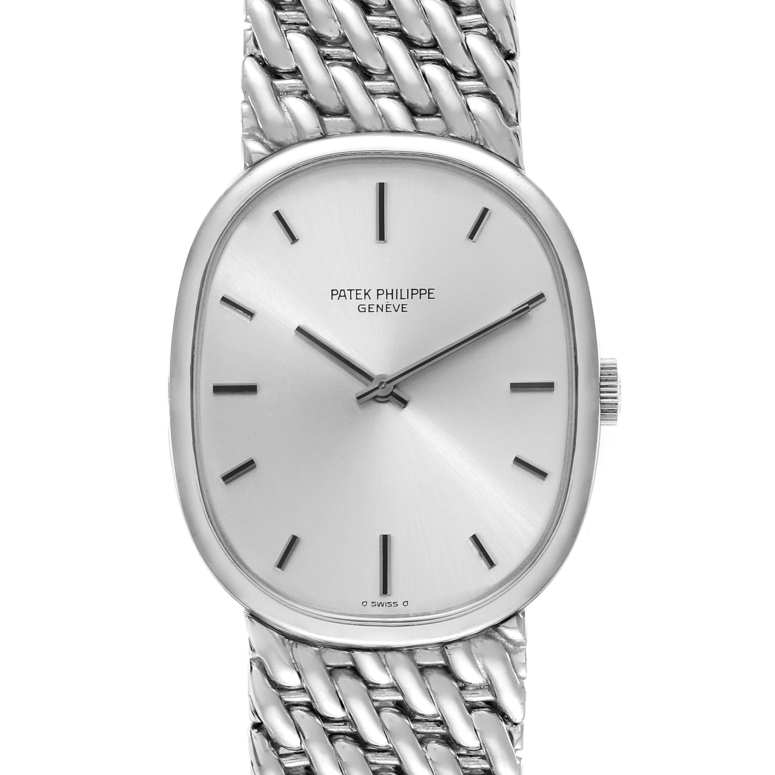 The image shows a front view of a Patek Philippe Golden Ellipse 3848 Men's White Gold Silver Dial 3848 Men's White Gold Silver Dial watch, featuring its dial, hands, bezel, crown, and part of its bracelet.