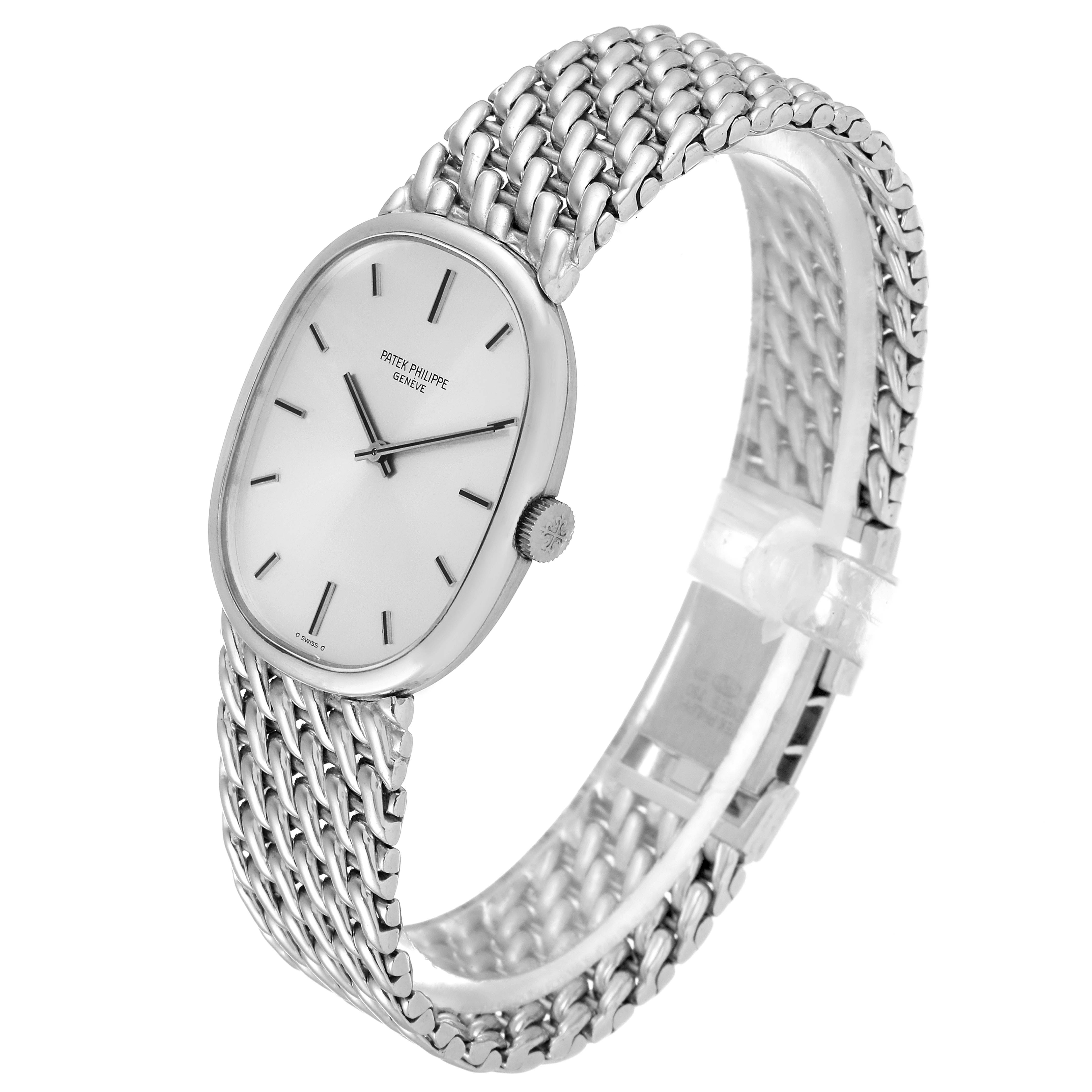 Patek Philippe Golden Ellipse 3848 Men's White Gold Silver Dial 3848 Men's White Gold Silver Dial watch shown at a slight angle, highlighting the face, bezel, crown, and woven band.