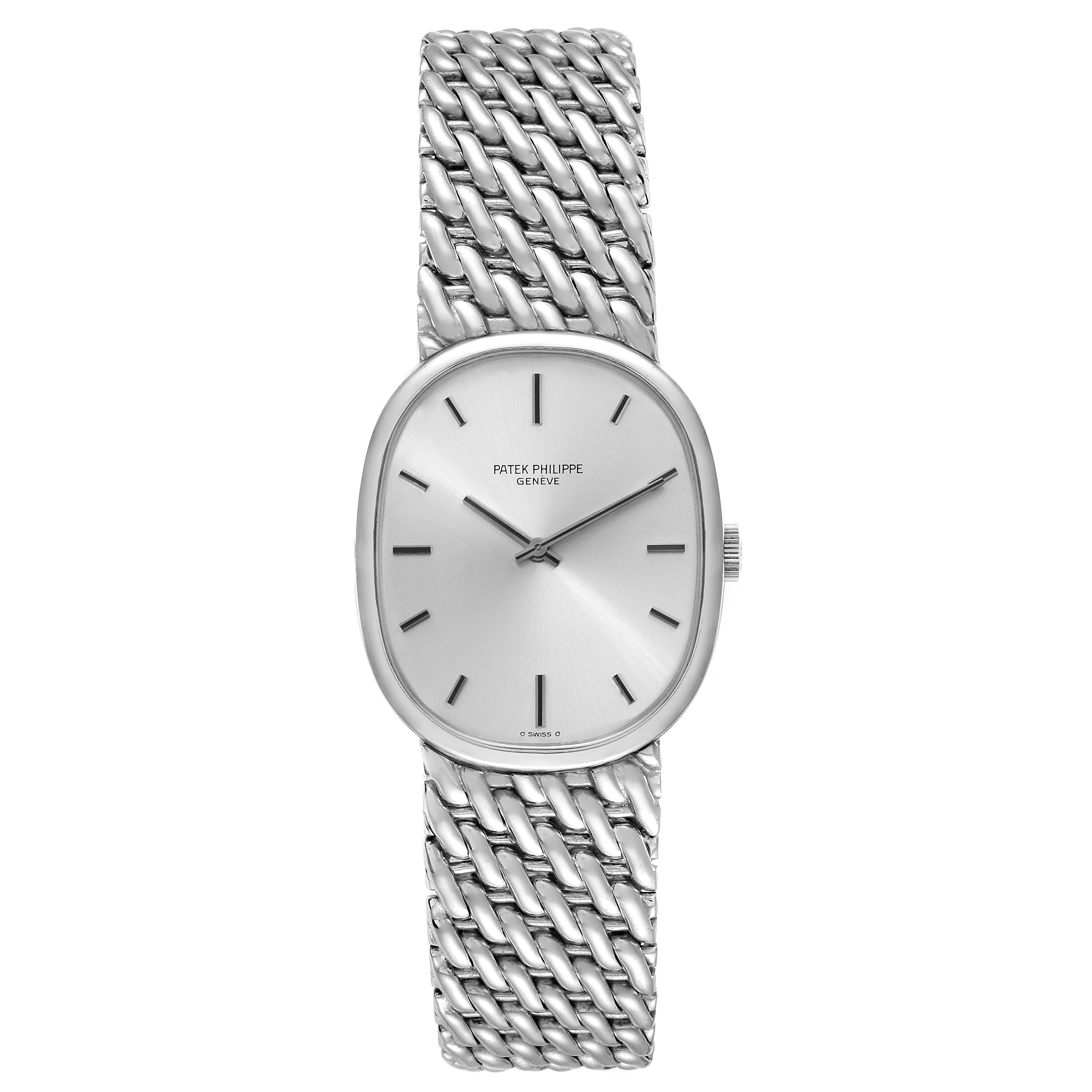 The image shows a Patek Philippe Golden Ellipse 3848 Men's White Gold Silver Dial 3848 Men's White Gold Silver Dial watch viewed from the front, highlighting its face and metal bracelet.