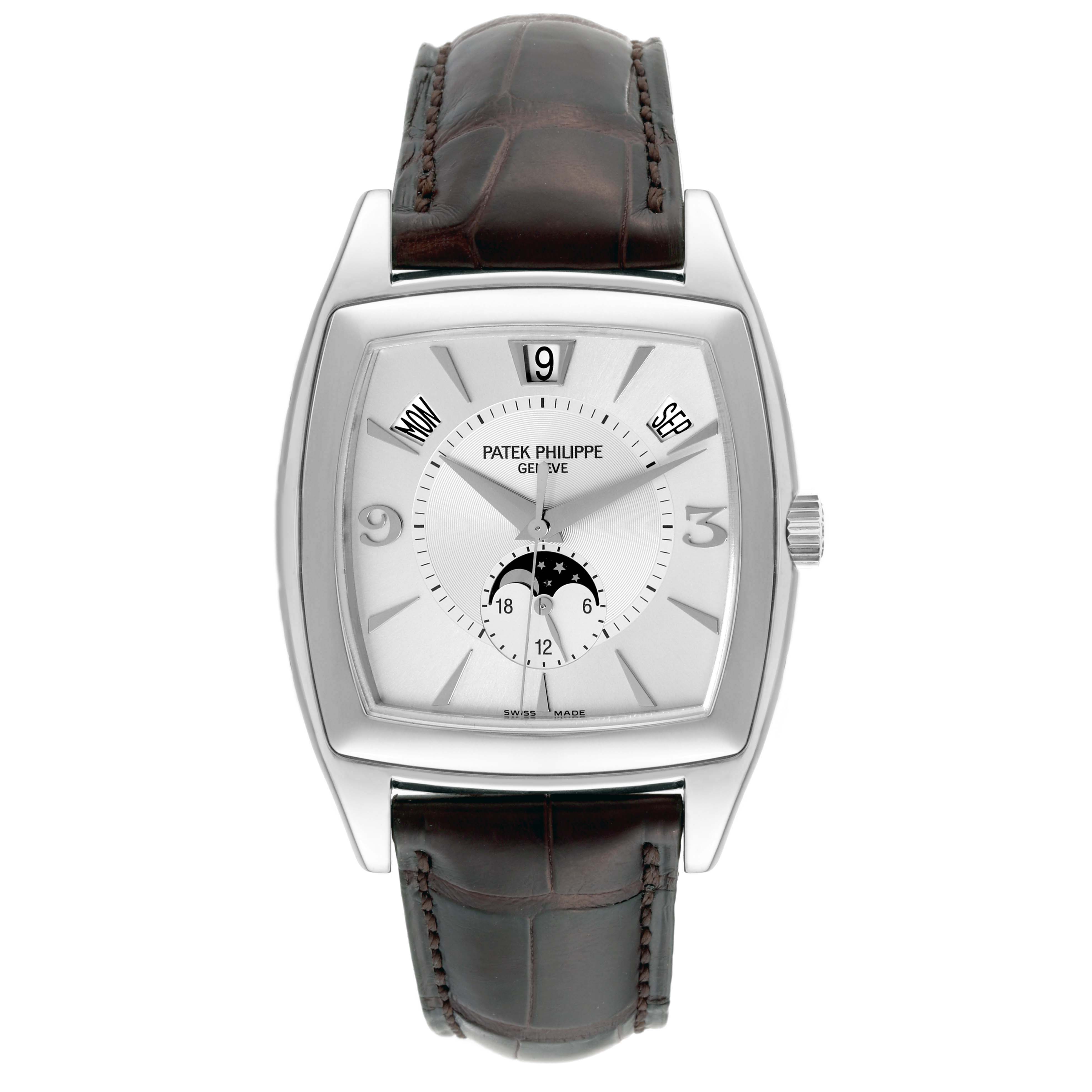 This image shows a front view of the Patek Philippe Gondolo 5135G-001 Men's White Gold Silver Dial 5135G-001 Men's White Gold Silver Dial watch, highlighting its dial and leather strap.