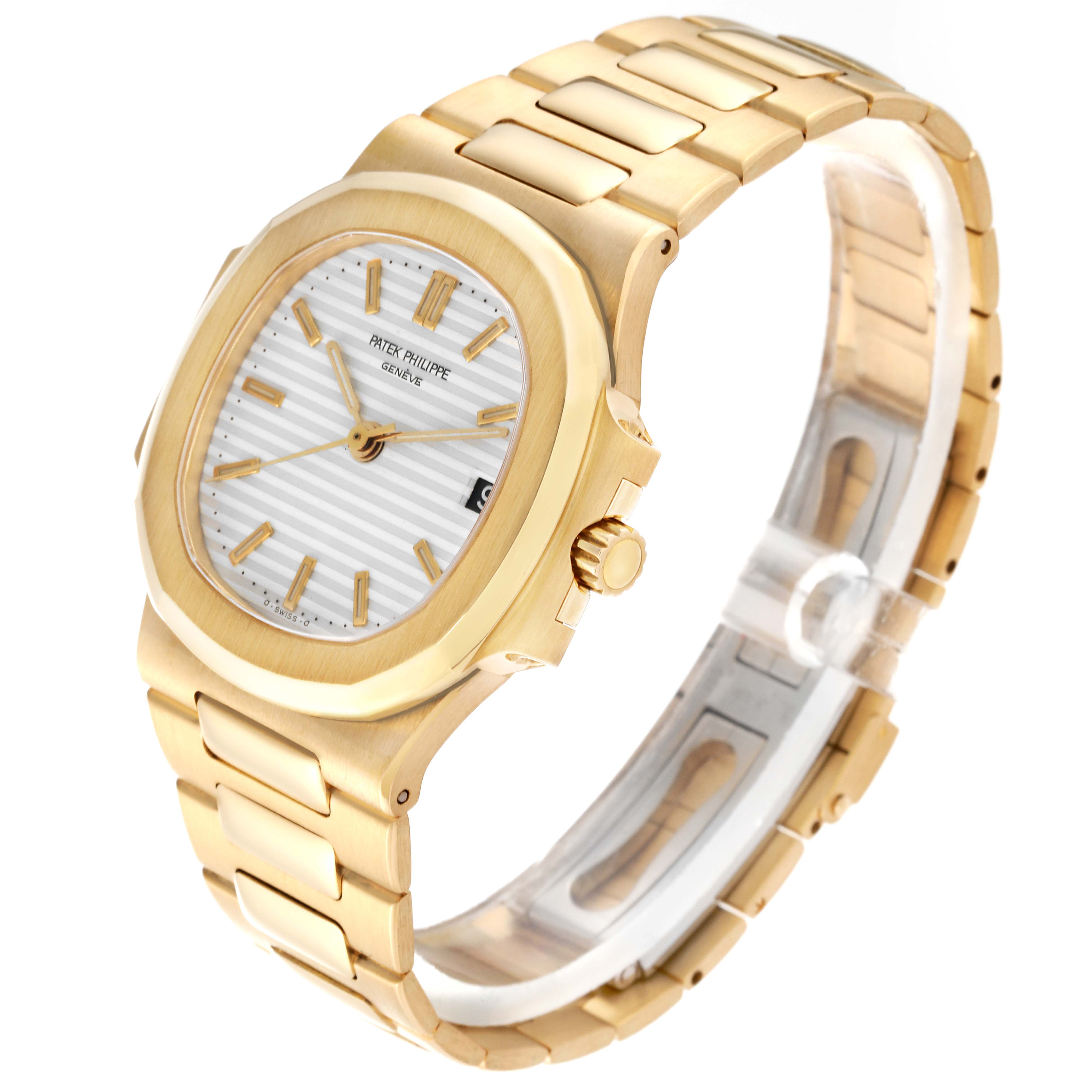 This image shows a Patek Philippe Nautilus 3800/1J Men's Yellow Gold White Dial 3800/1J Men's Yellow Gold White Dial watch at an angle, highlighting the case, dial, crown, bracelet, and lugs.