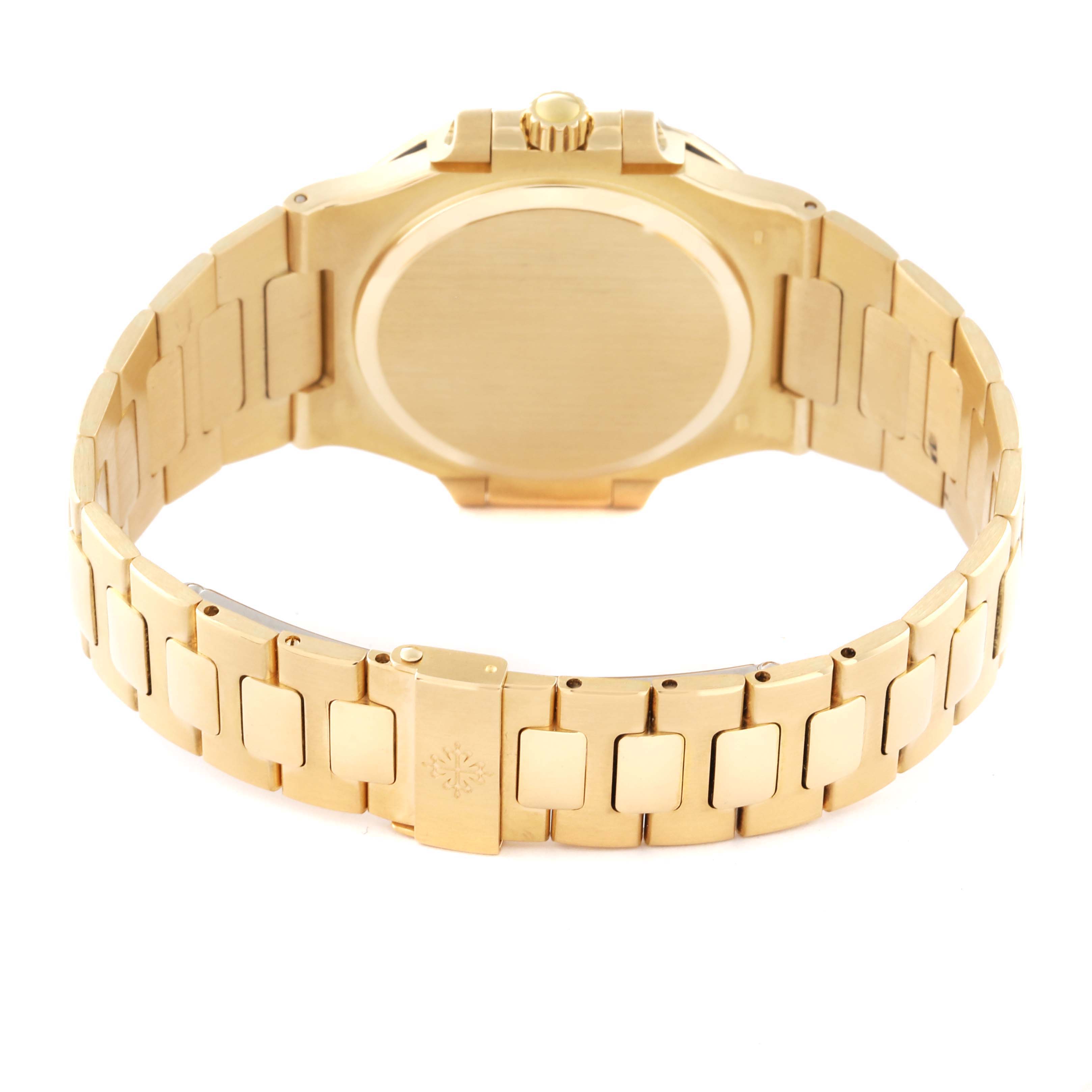 This image shows the back case and bracelet of a Patek Philippe Nautilus 3800/1J Men's Yellow Gold White Dial 3800/1J Men's Yellow Gold White Dial watch from a rear angle.
