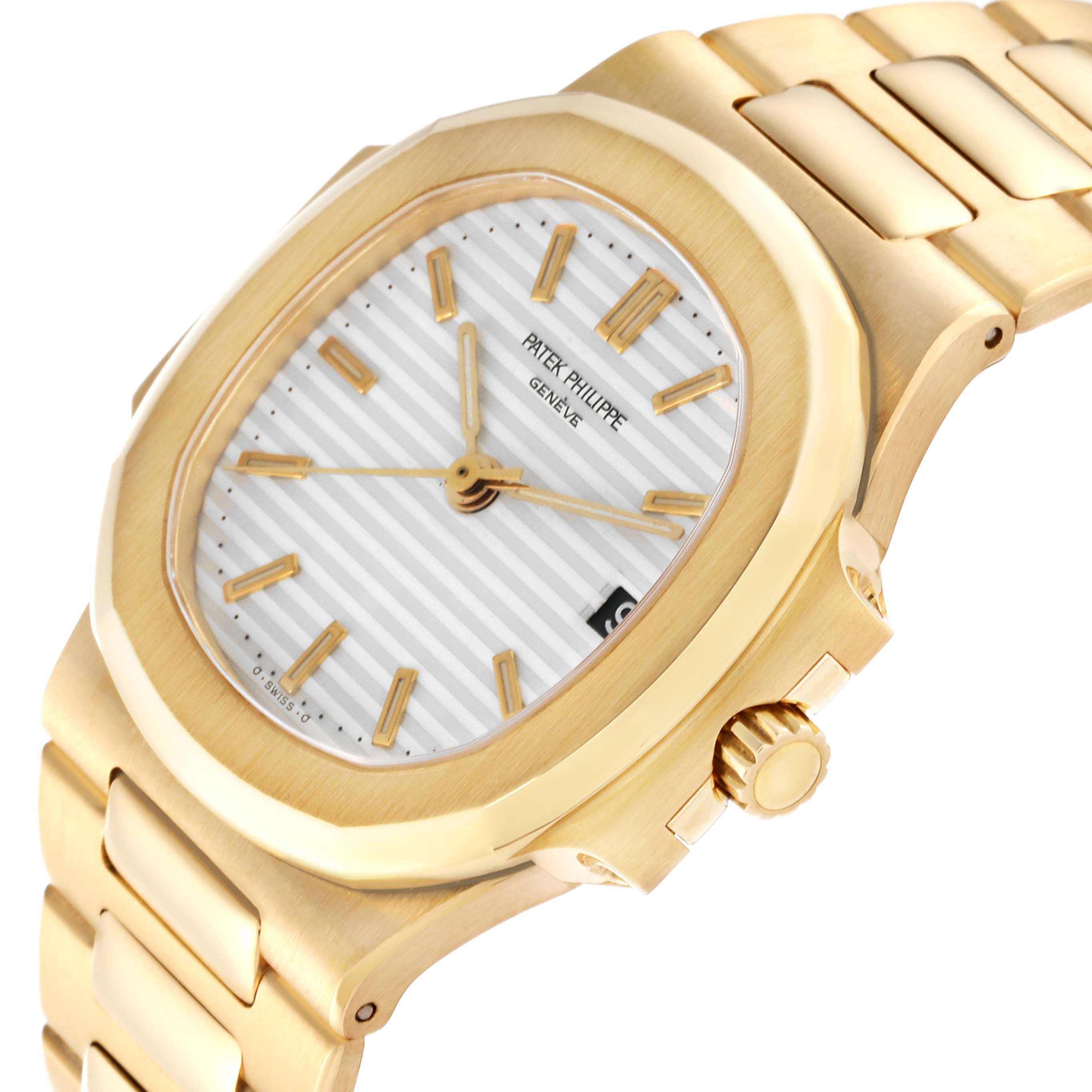 The image shows a Patek Philippe Nautilus 3800/1J Men's Yellow Gold White Dial 3800/1J Men's Yellow Gold White Dial watch at an angle highlighting the face, crown, and part of the bracelet.