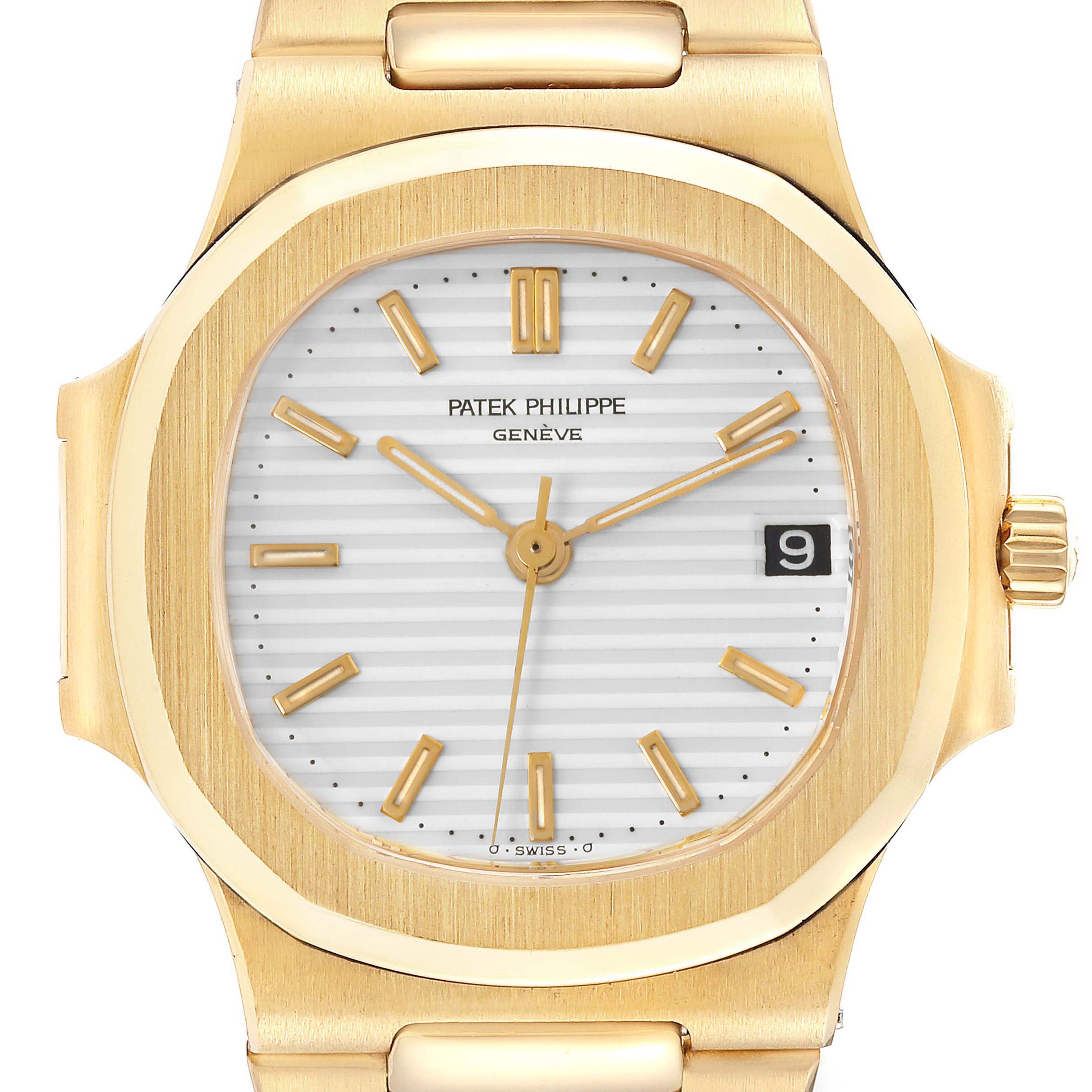 This image shows a close-up view of the face and case of a Patek Philippe Nautilus 3800/1J Men's Yellow Gold White Dial 3800/1J Men's Yellow Gold White Dial watch, focusing on its dial and bezel.