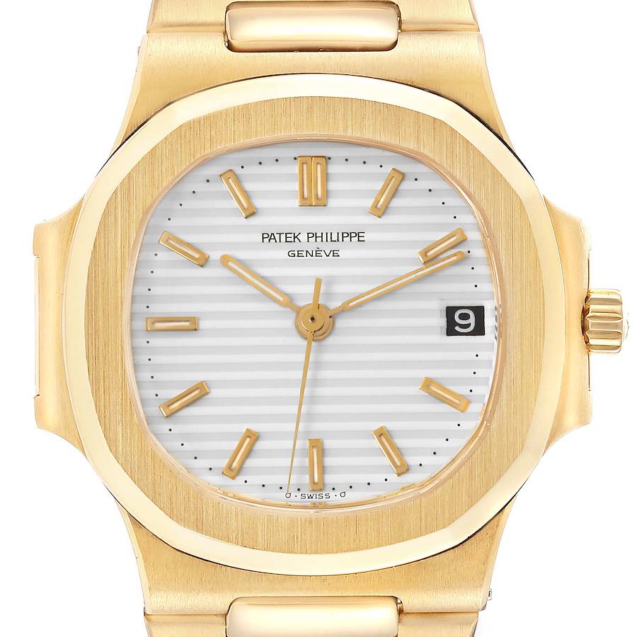 This image shows a close-up view of the face and case of a Patek Philippe Nautilus watch, focusing on its dial and bezel.