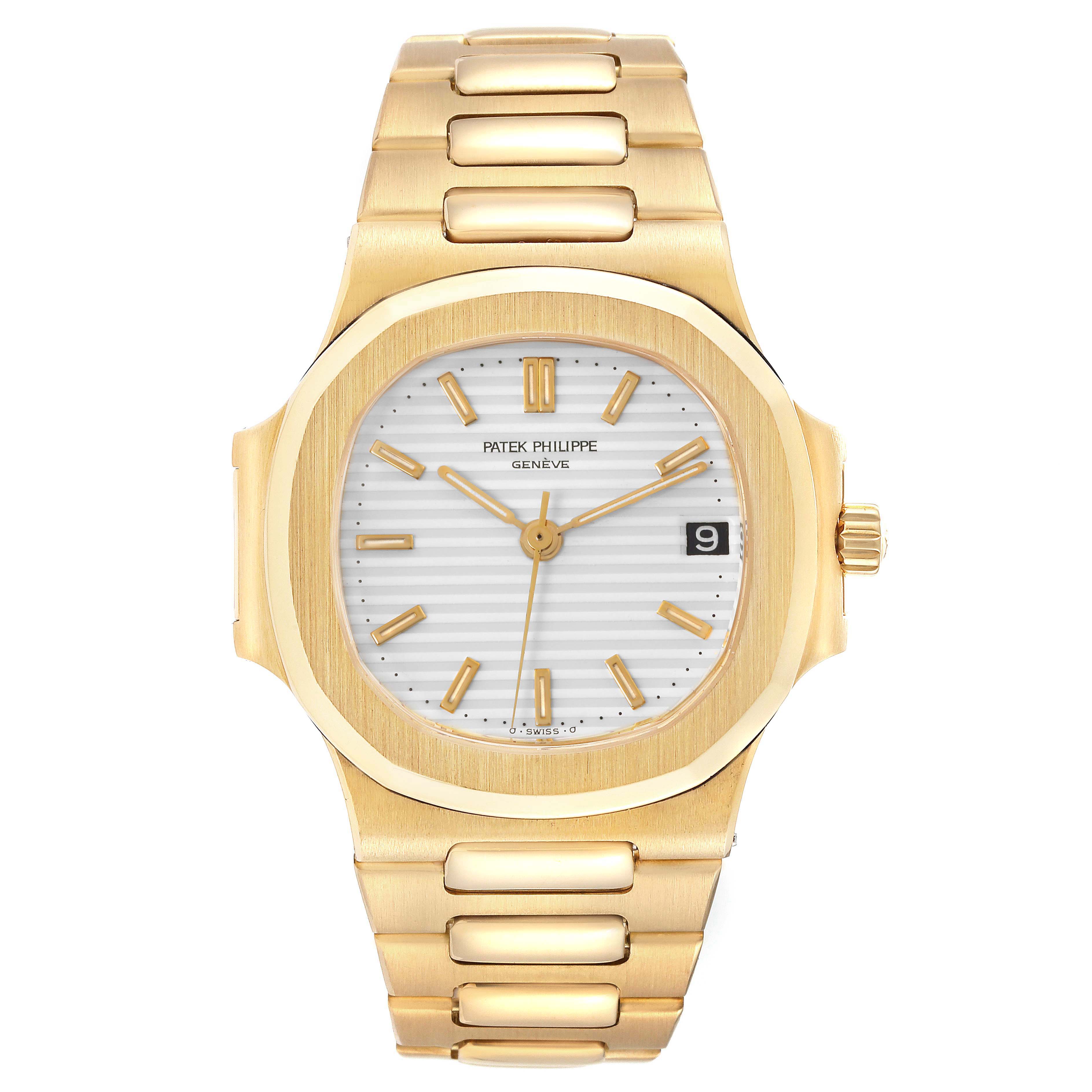 The image shows a front view of a Patek Philippe Nautilus 3800/1J Men's Yellow Gold White Dial 3800/1J Men's Yellow Gold White Dial watch with a gold bracelet and white dial.